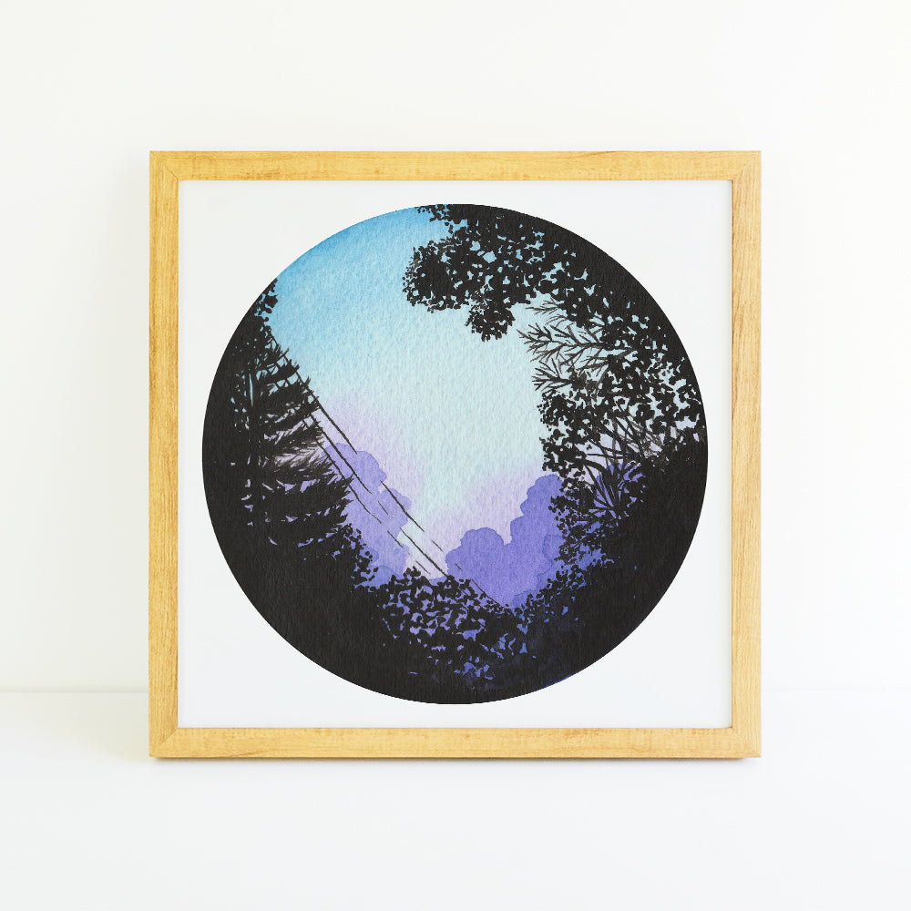Purple Sunset Silhouette - Watercolor Sky Art Print