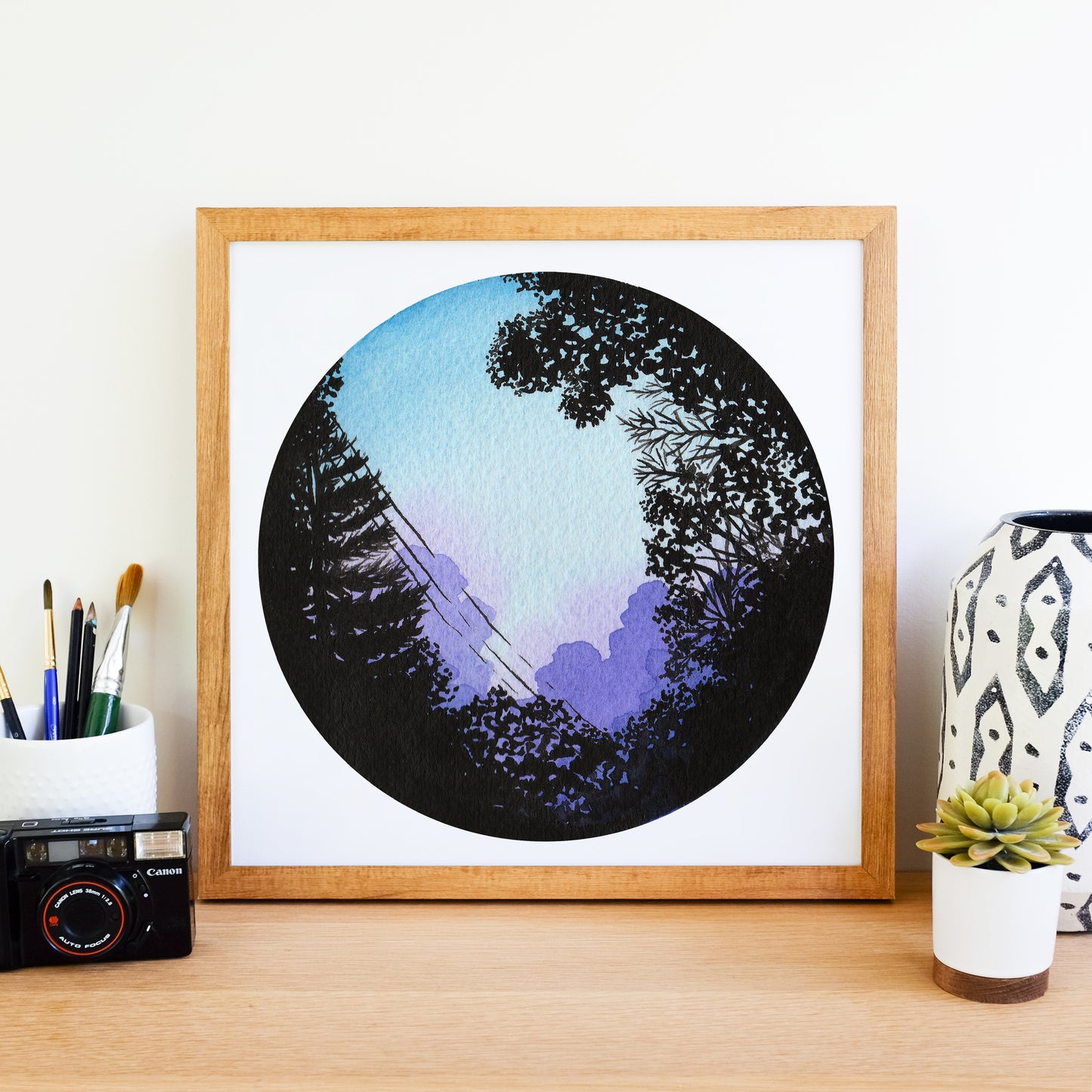 Purple Sunset Silhouette - Watercolor Sky Art Print