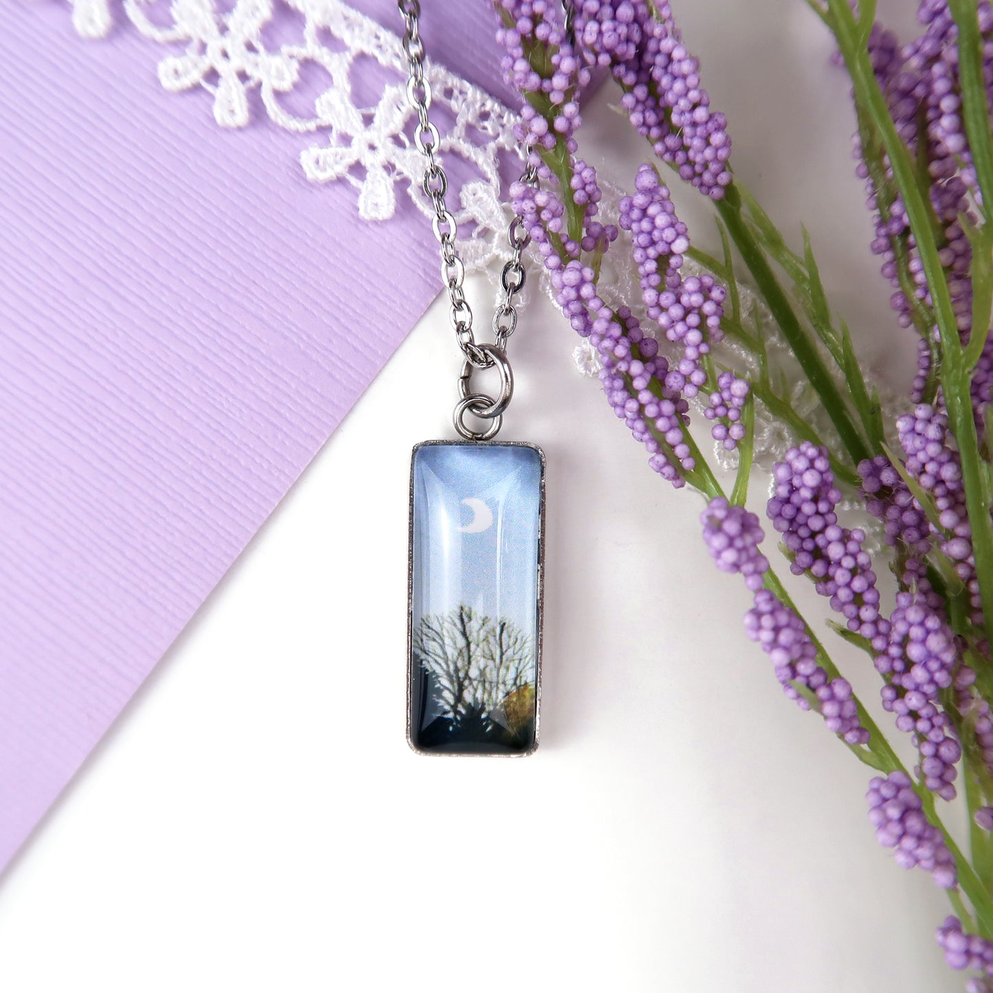 Autumn Trees in the Evening Miniature Watercolor Sky Necklace