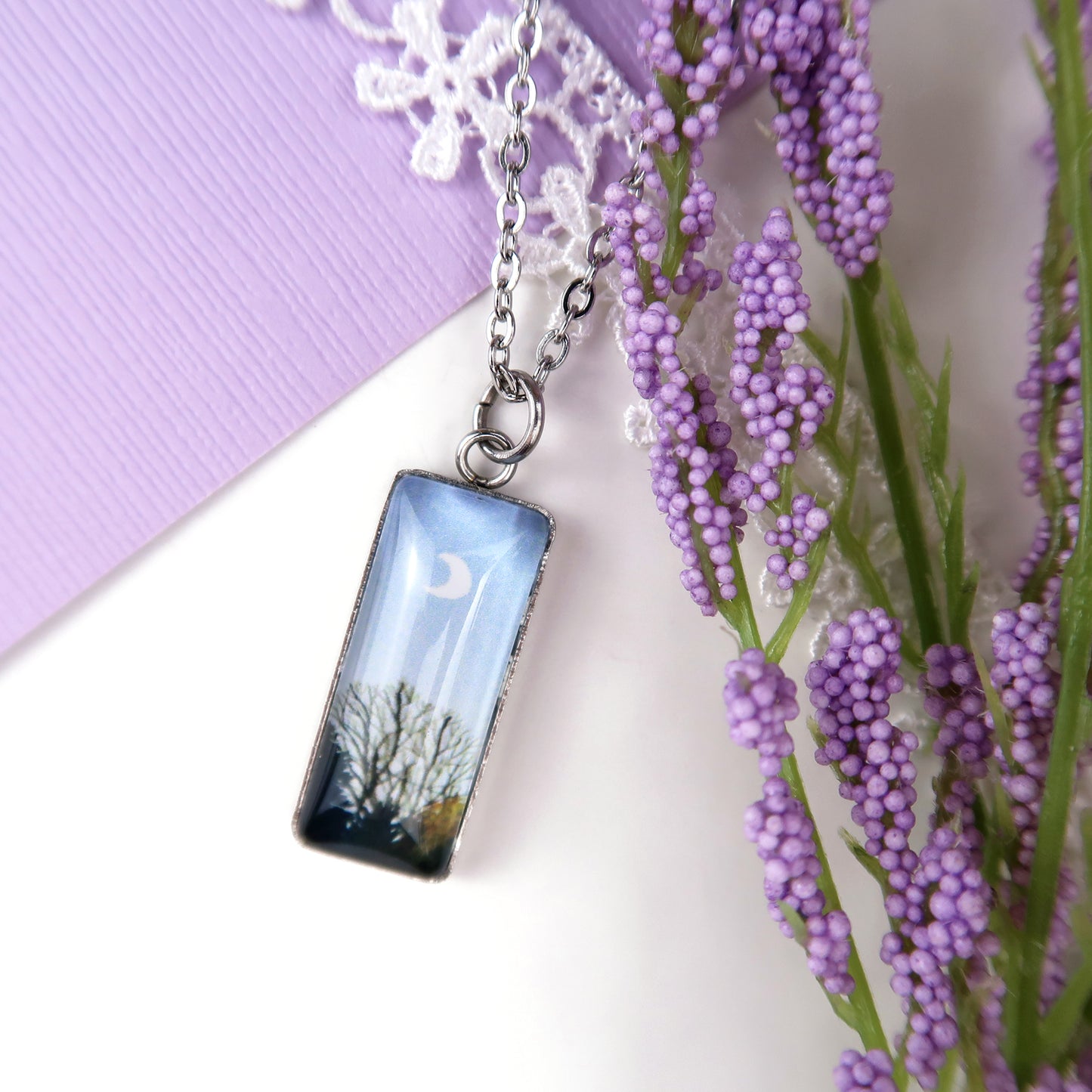 Autumn Trees in the Evening Miniature Watercolor Sky Necklace