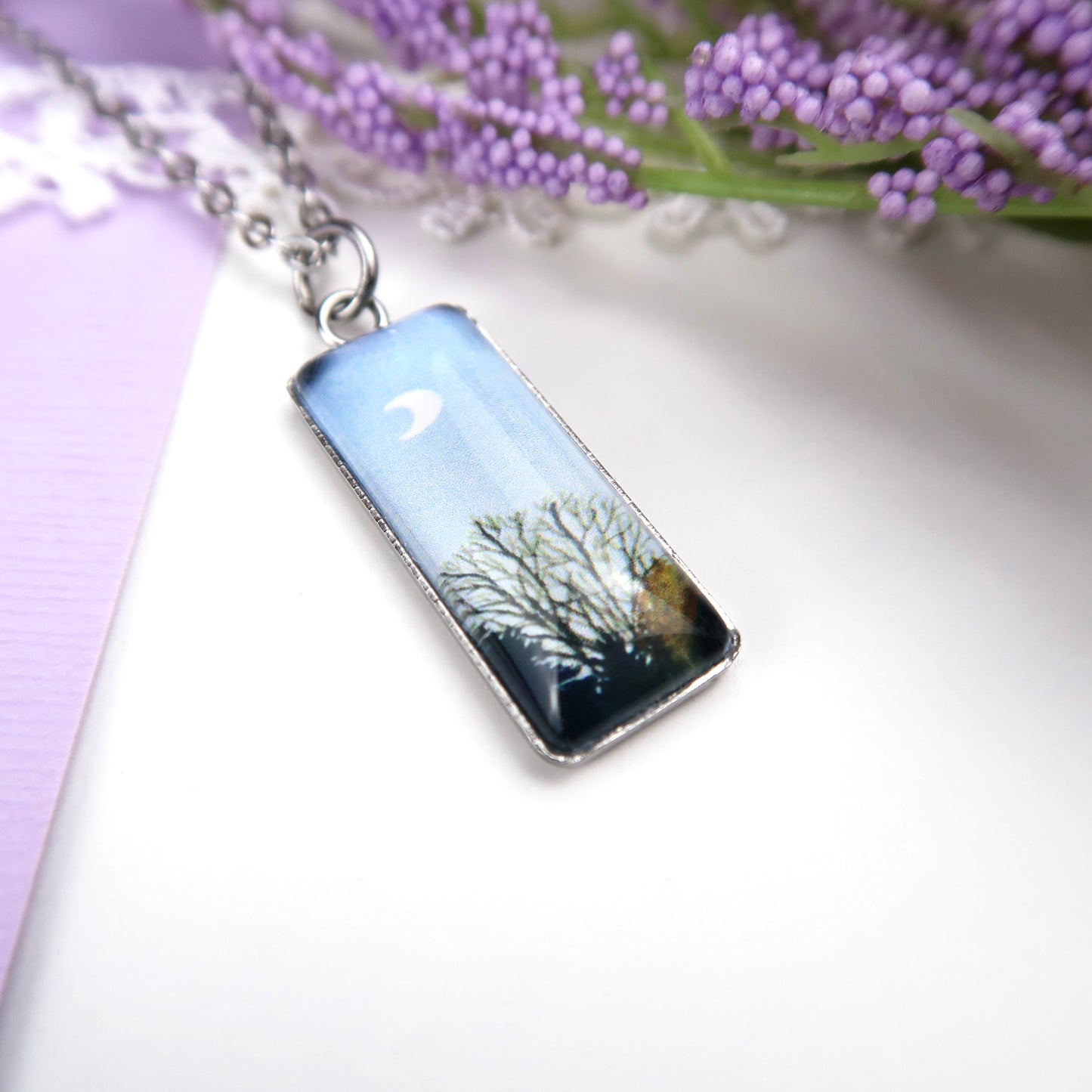 Autumn Trees in the Evening Miniature Watercolor Sky Necklace