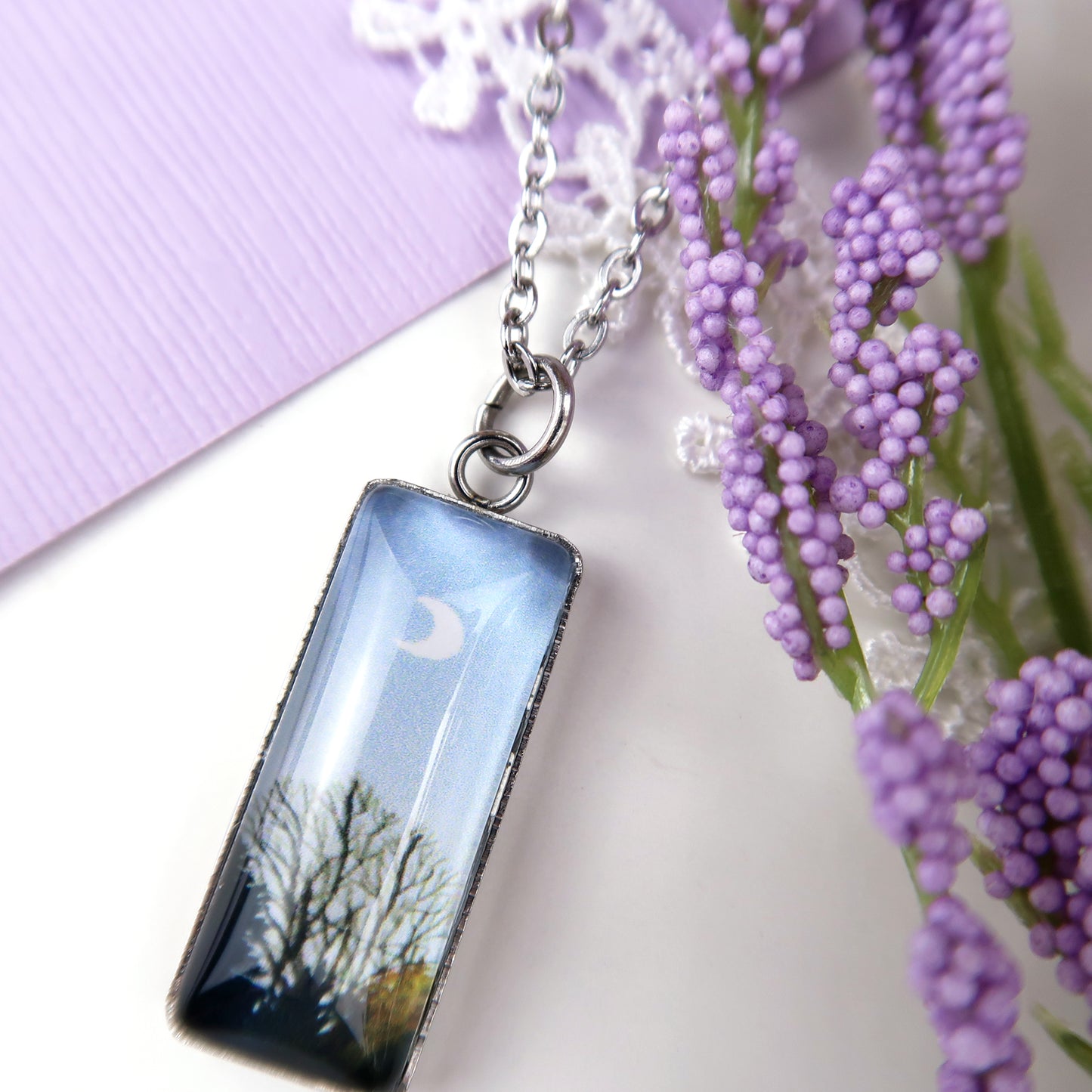 Autumn Trees in the Evening Miniature Watercolor Sky Necklace