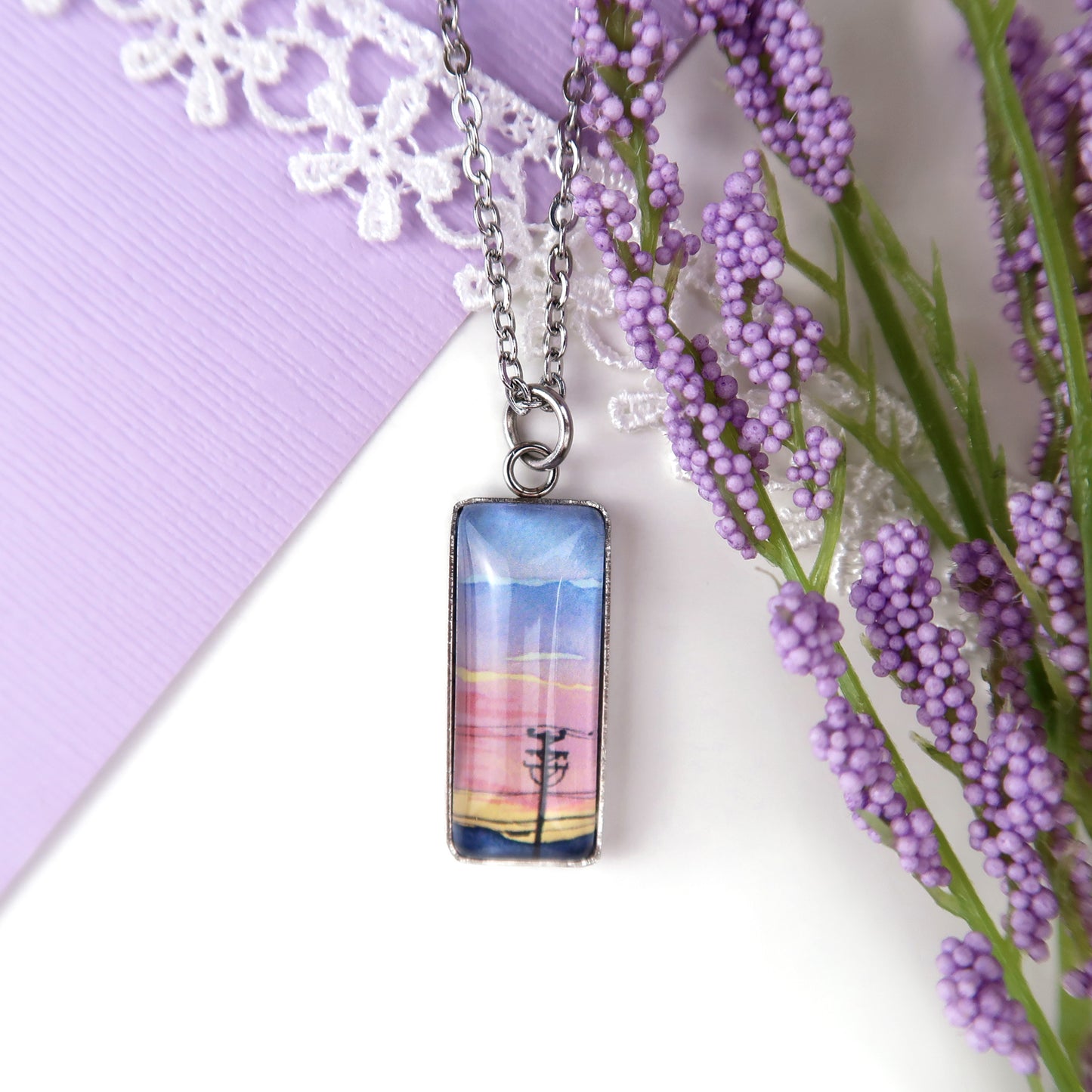Blue to Orange Sunset Sky Miniature Watercolor Necklace