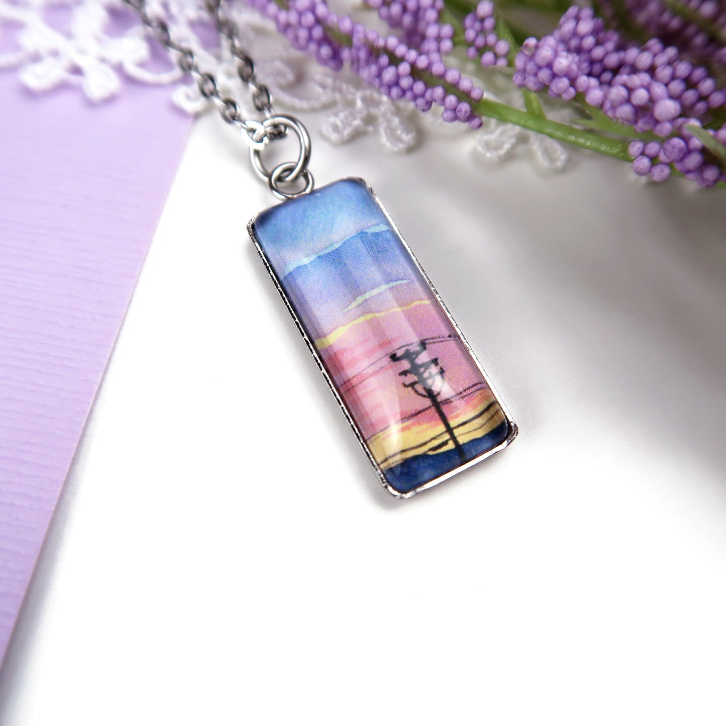 Blue to Orange Sunset Sky Miniature Watercolor Necklace
