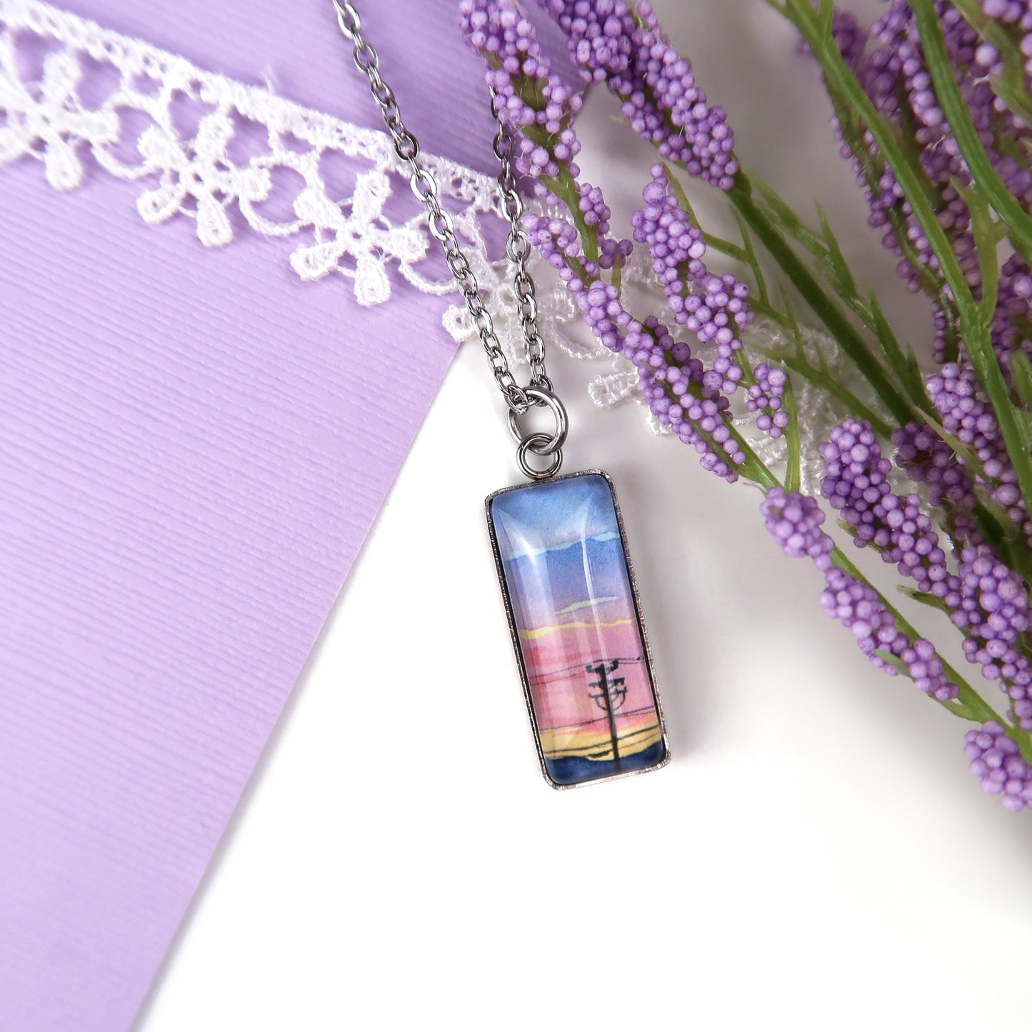 Blue to Orange Sunset Sky Miniature Watercolor Necklace