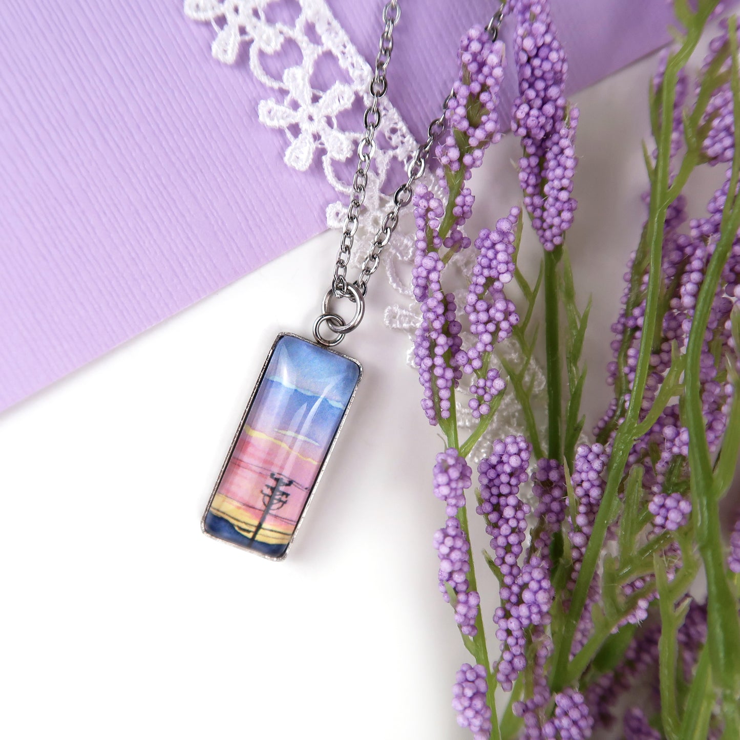 Blue to Orange Sunset Sky Miniature Watercolor Necklace
