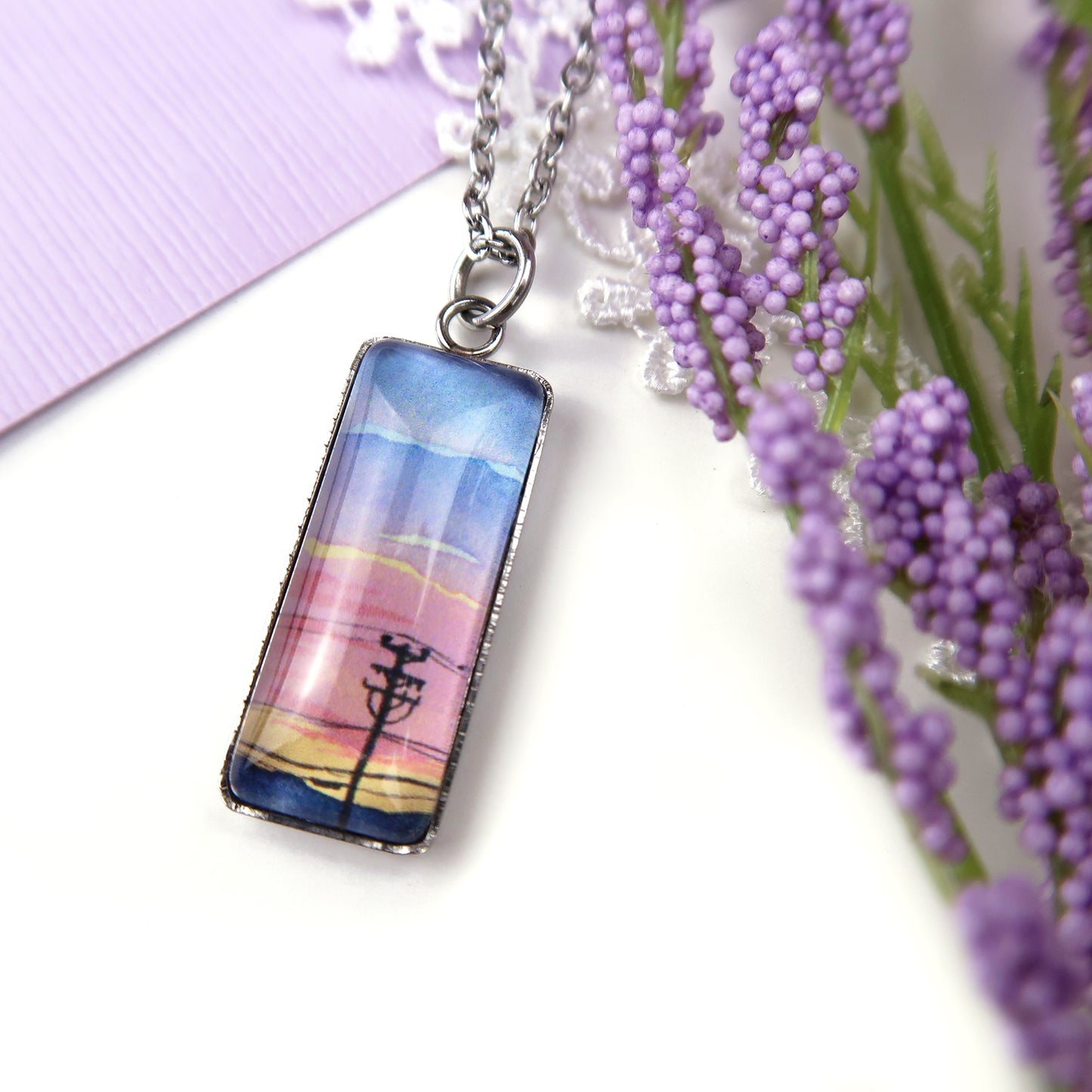 Blue to Orange Sunset Sky Miniature Watercolor Necklace