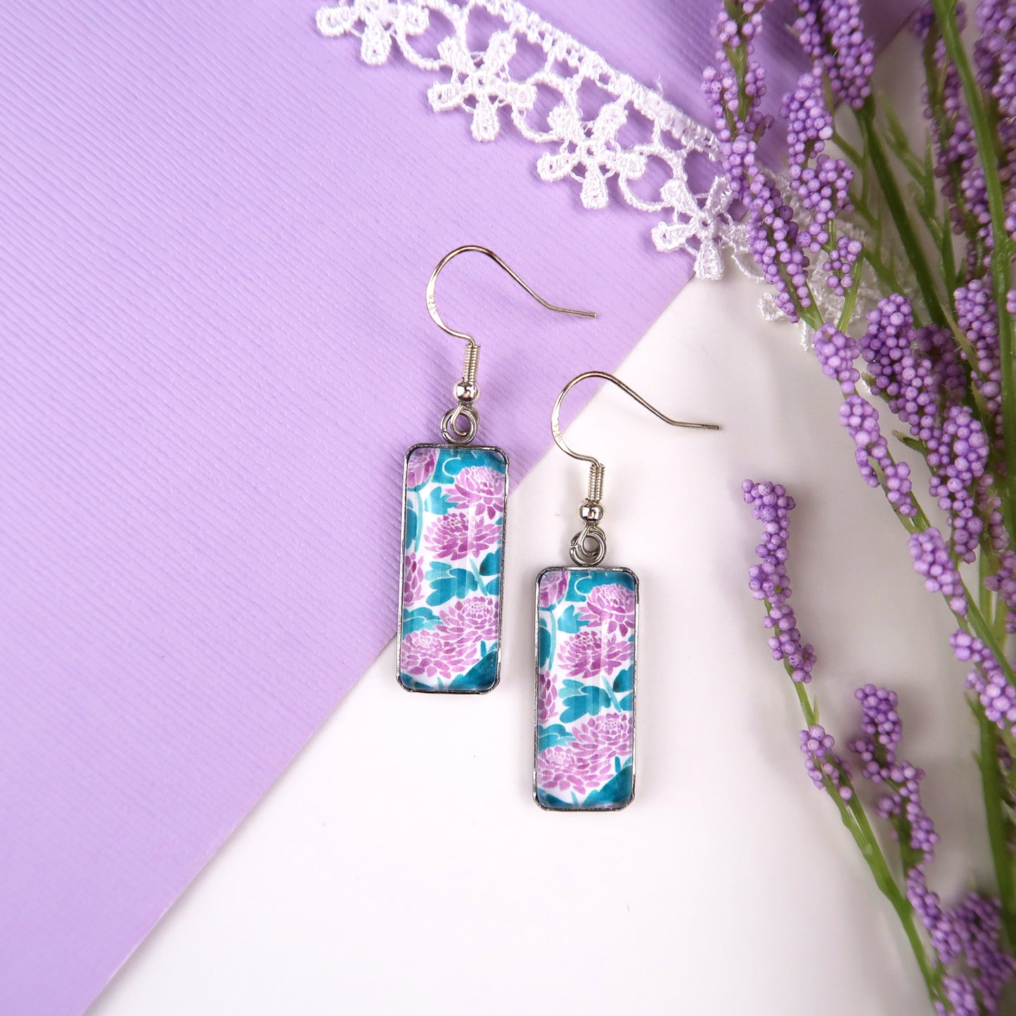 Purple Chrysanthemums Rectangle Dangle Earrings