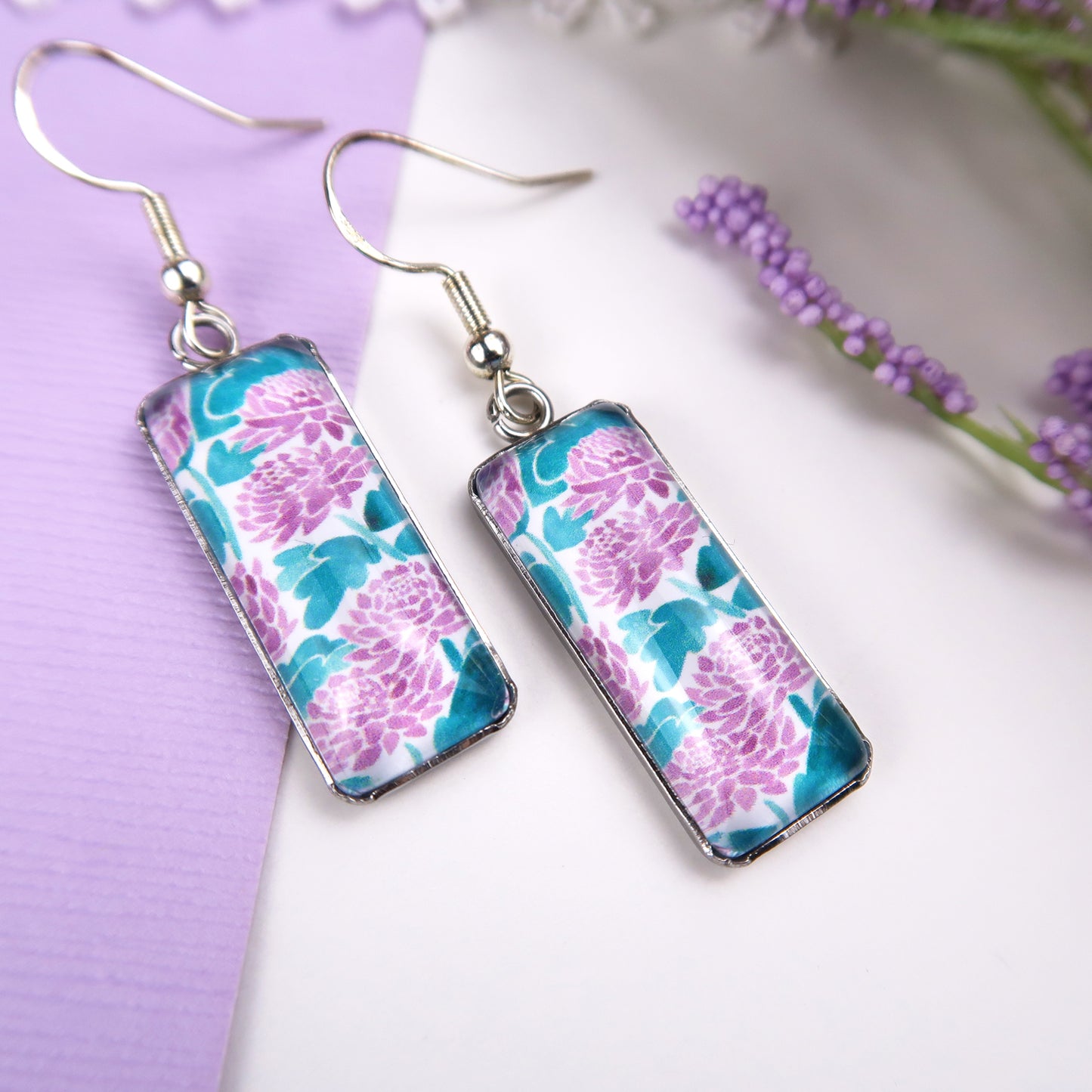 Purple Chrysanthemums Rectangle Dangle Earrings
