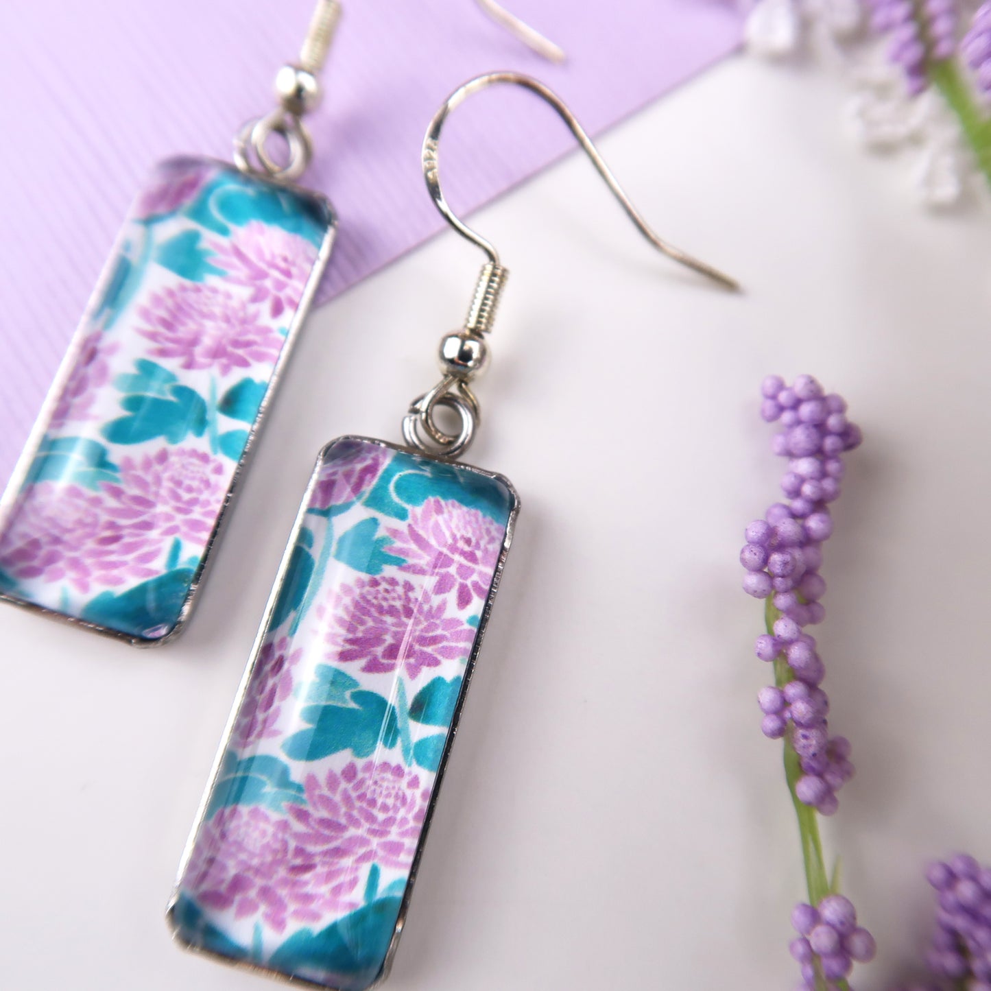 Purple Chrysanthemums Rectangle Dangle Earrings