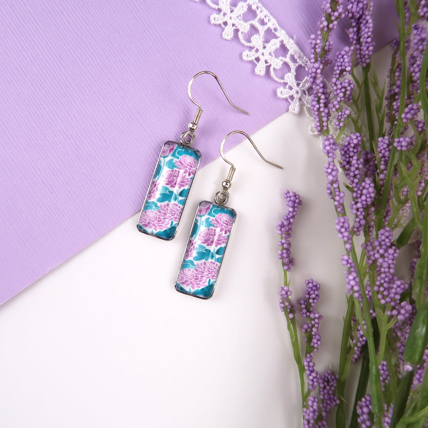 Purple Chrysanthemums Rectangle Dangle Earrings