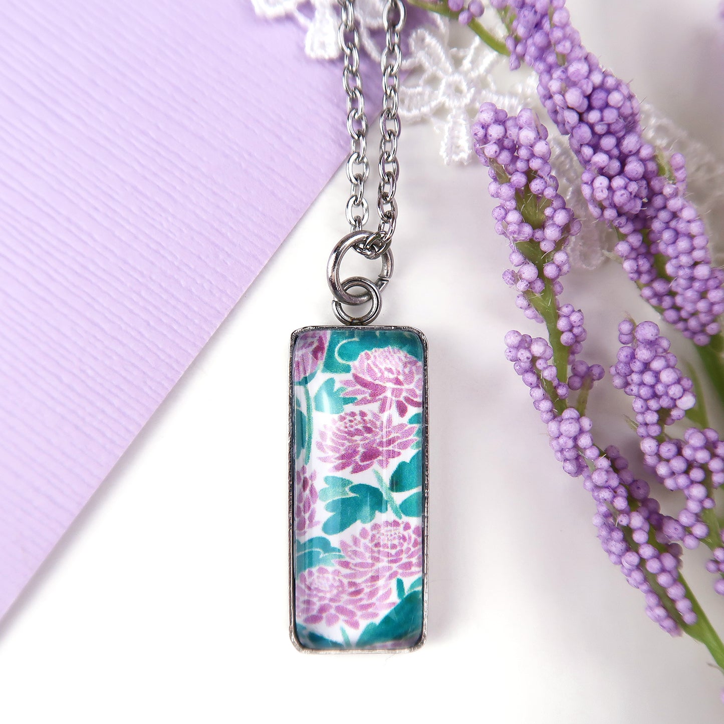 Purple Chrysanthemums Miniature Watercolor Flower Necklace