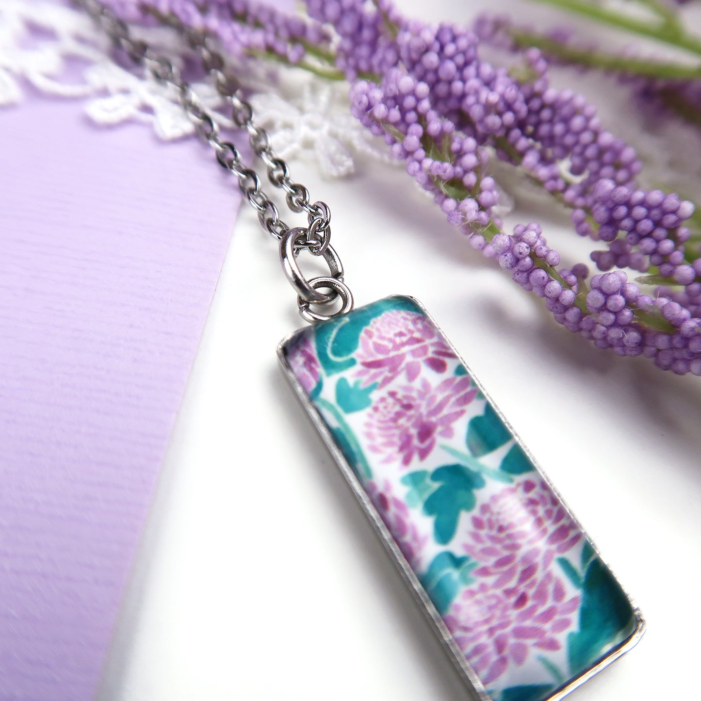 Purple Chrysanthemums Miniature Watercolor Flower Necklace