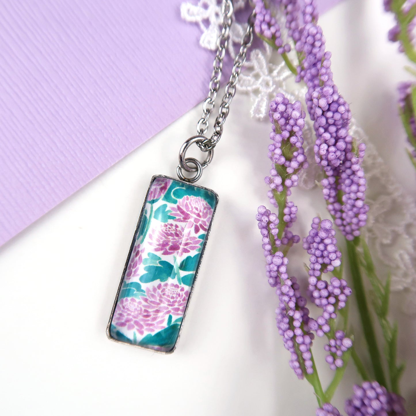 Purple Chrysanthemums Miniature Watercolor Flower Necklace