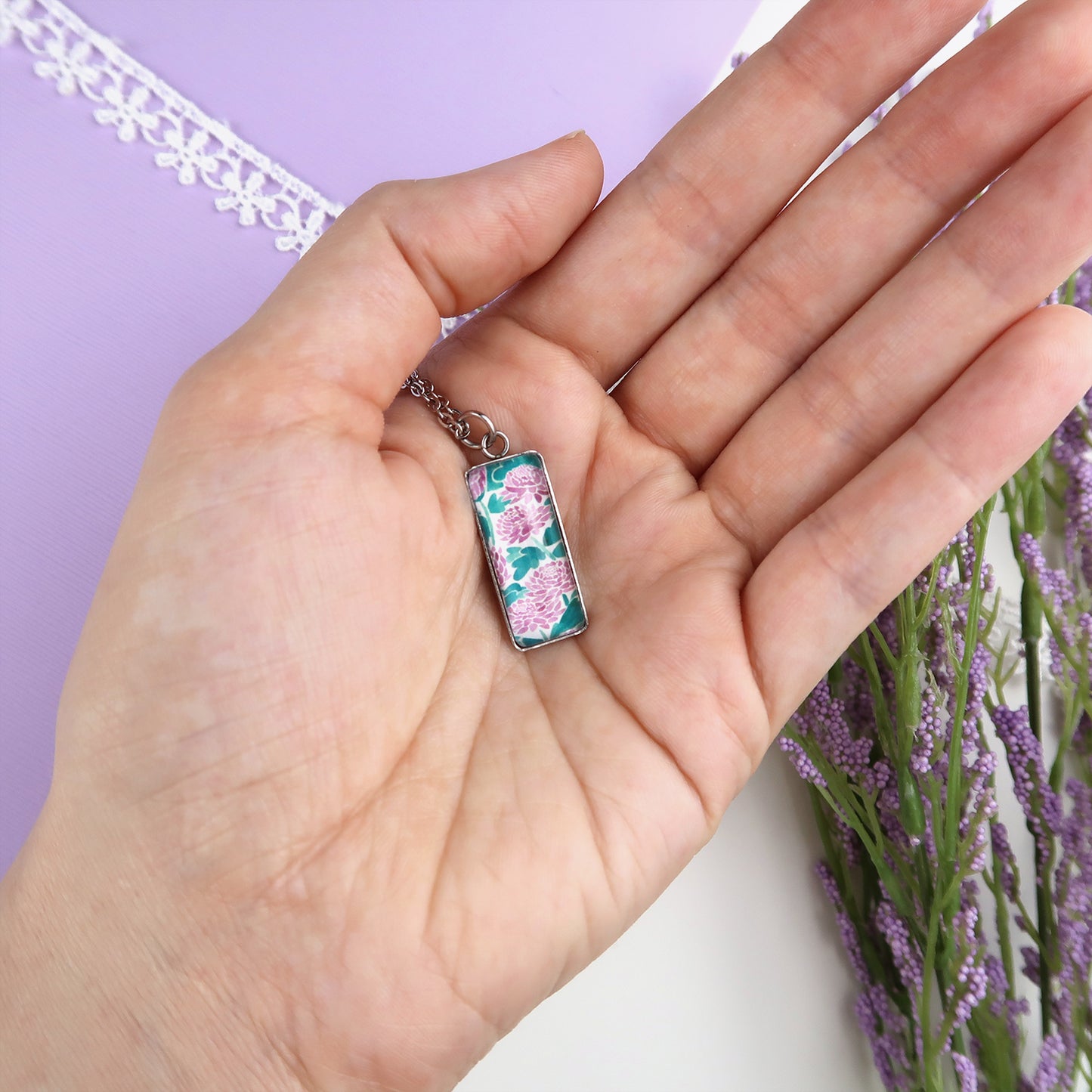 Purple Chrysanthemums Miniature Watercolor Flower Necklace