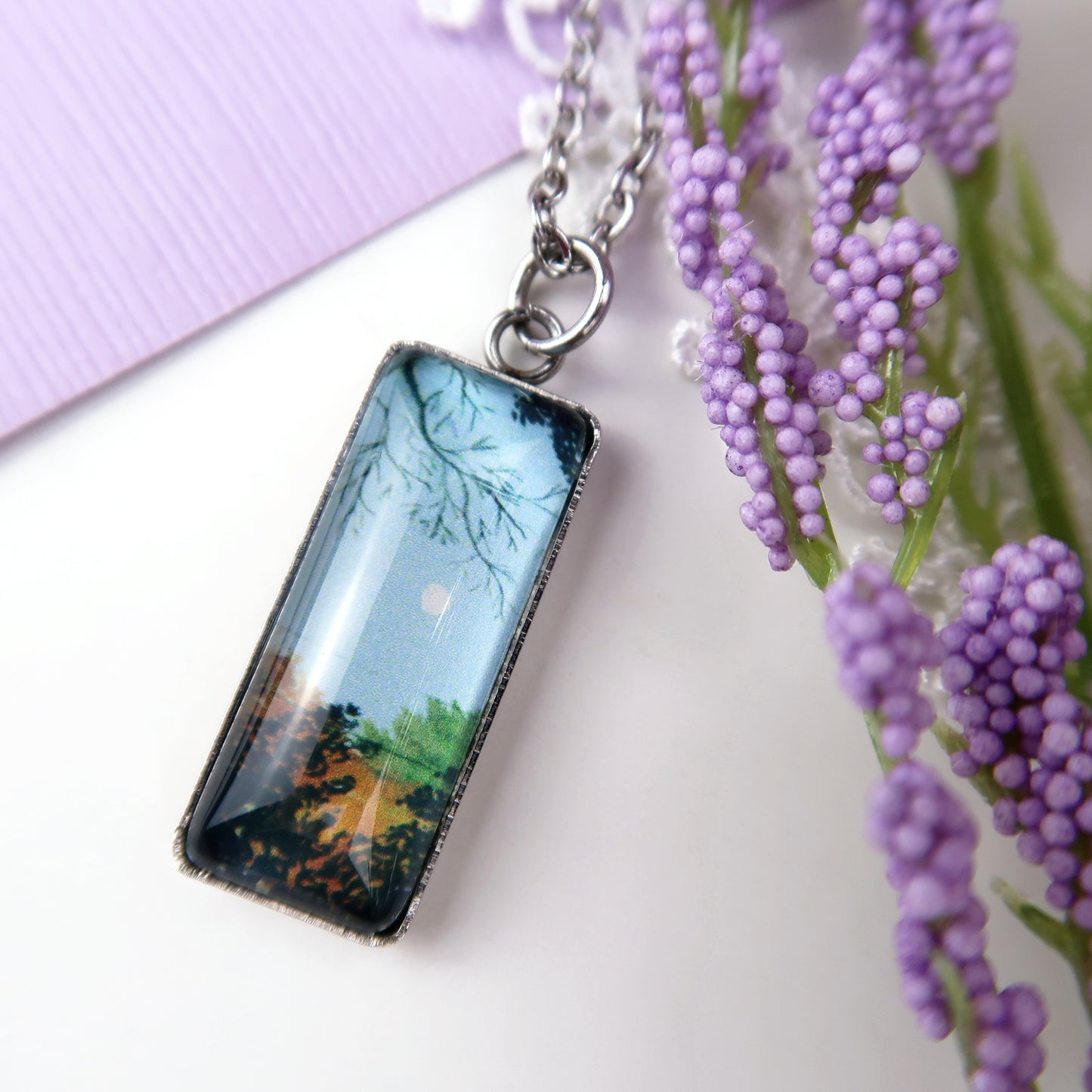 Clear Blue Fall Sky with Moon Miniature Watercolor Necklace