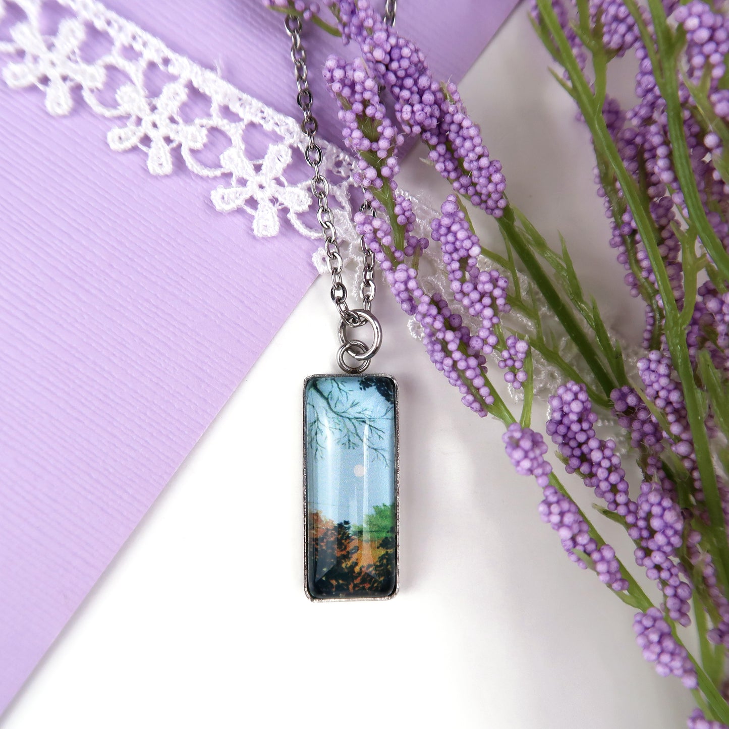 Clear Blue Fall Sky with Moon Miniature Watercolor Necklace