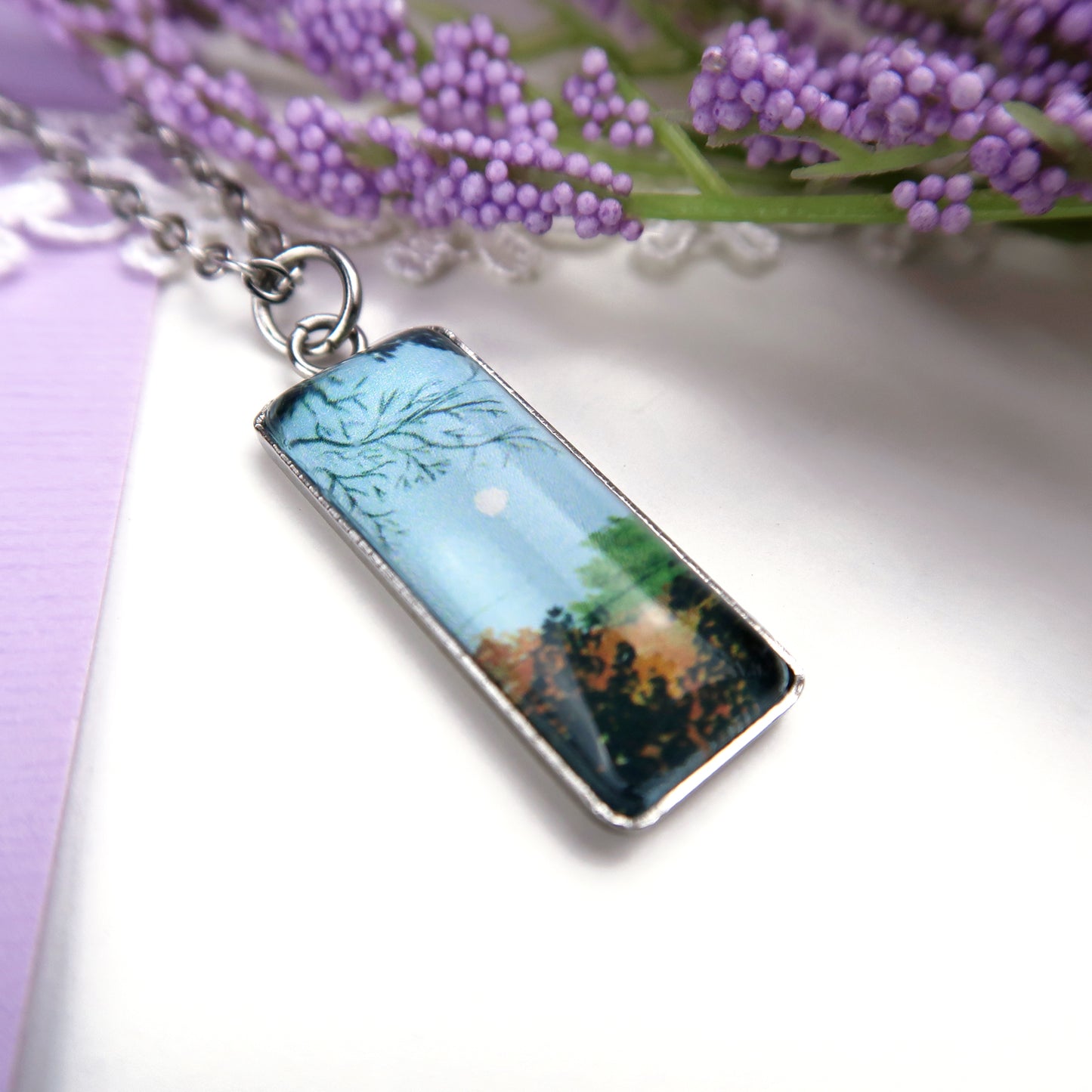 Clear Blue Fall Sky with Moon Miniature Watercolor Necklace
