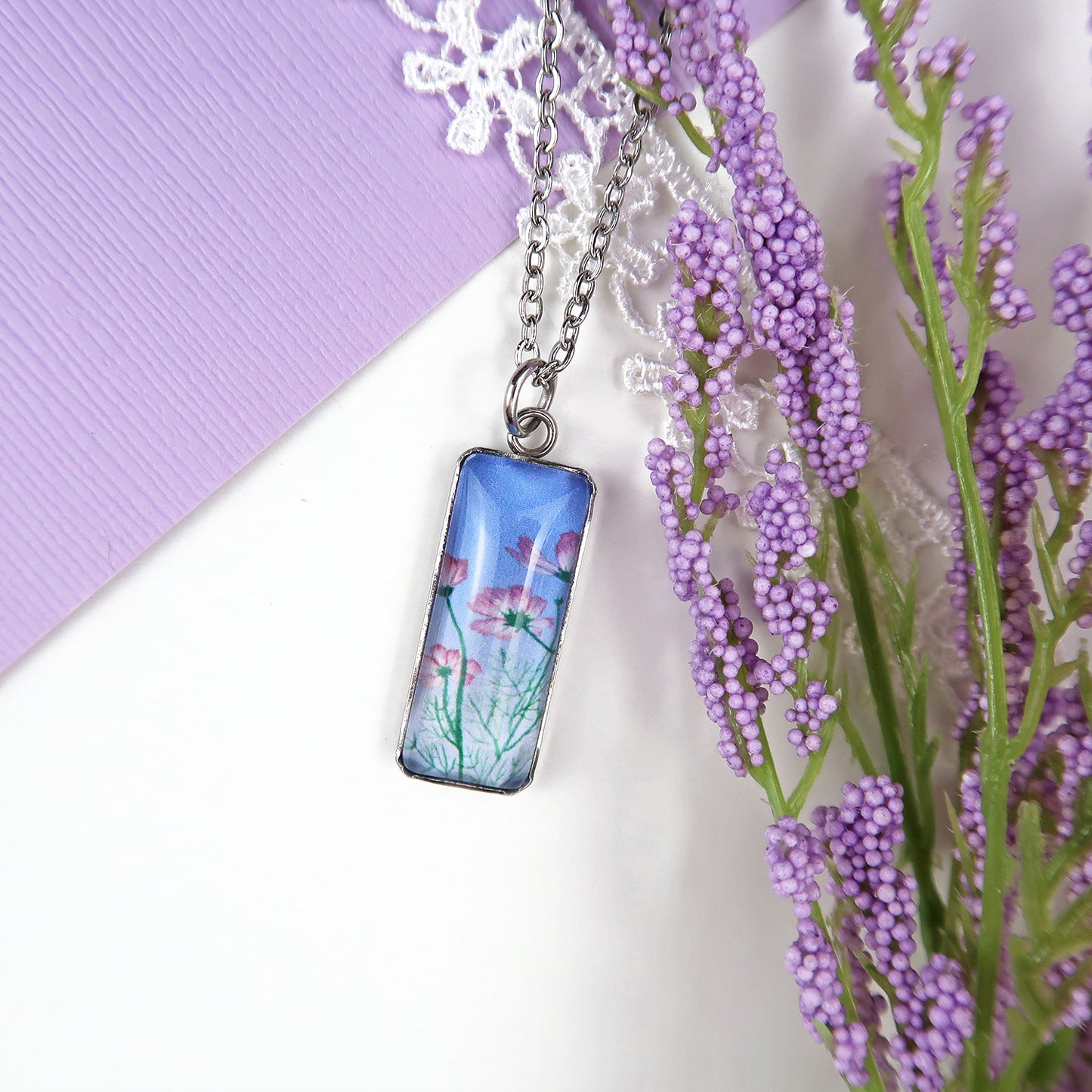 Tiny Pink Cosmos Miniature Watercolor Flower Necklace