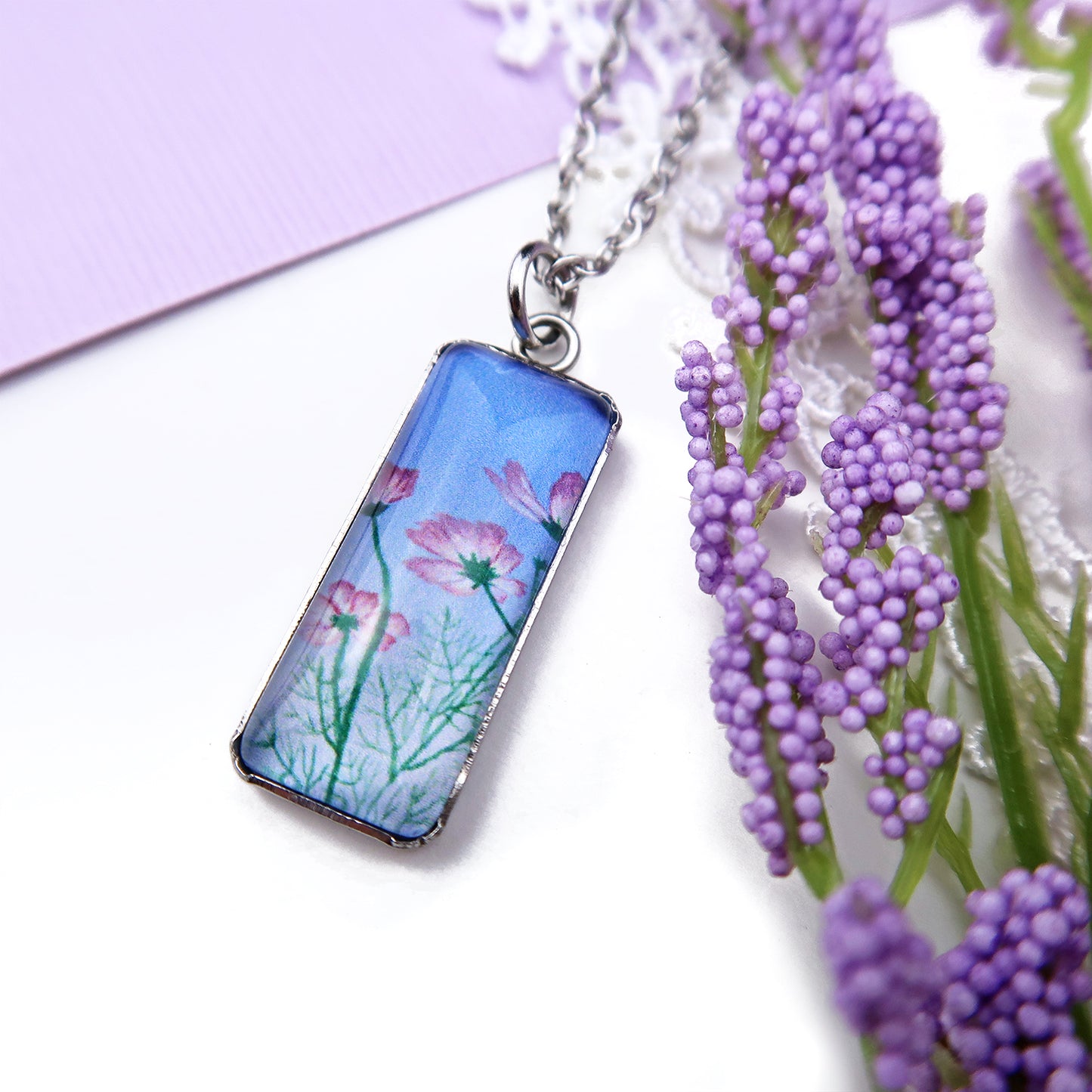 Tiny Pink Cosmos Miniature Watercolor Flower Necklace
