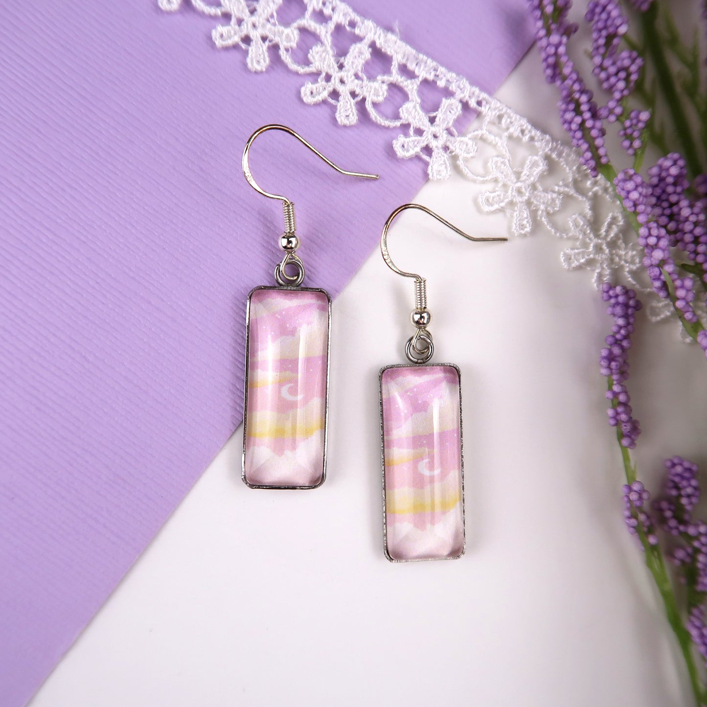 Dreamy Pink Sunset Rectangle Dangle Earrings