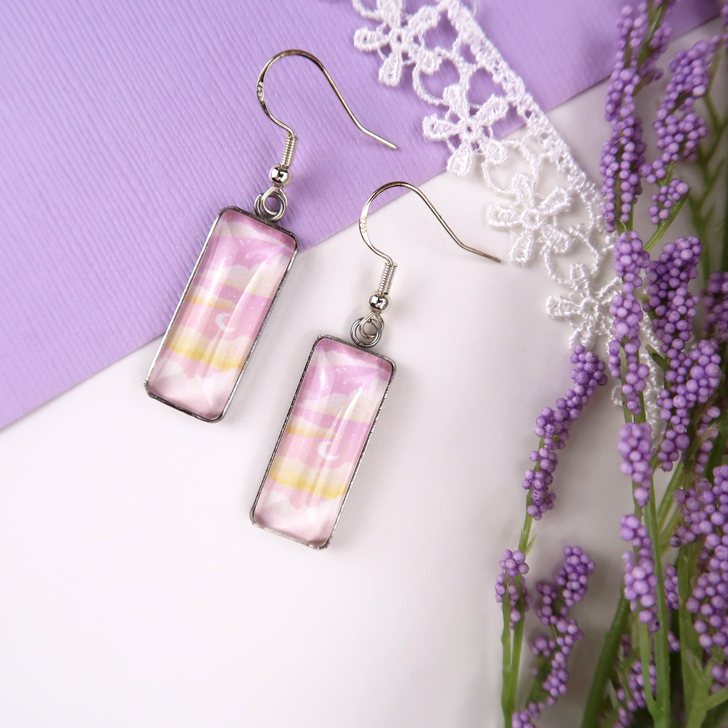 Dreamy Pink Sunset Rectangle Dangle Earrings