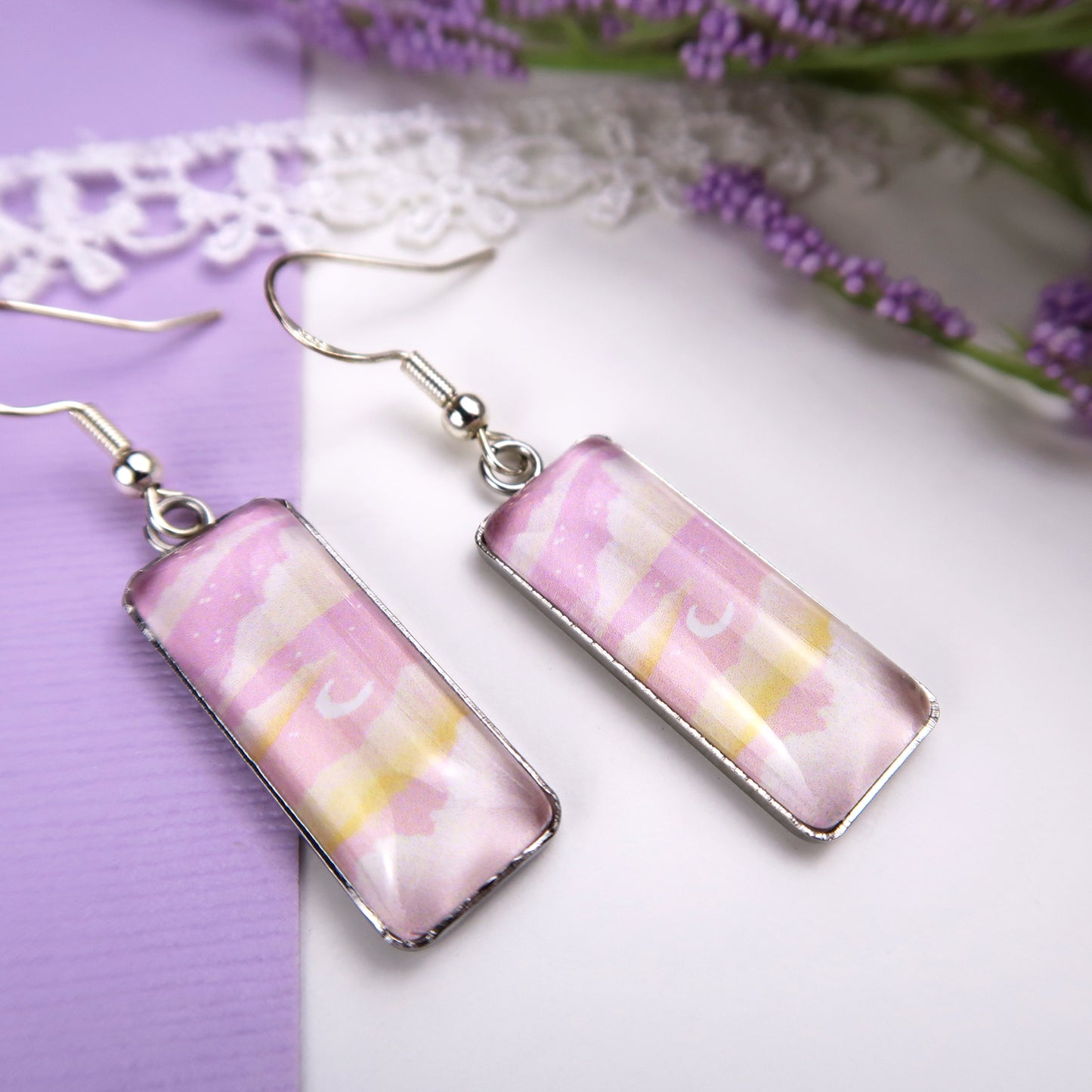 Dreamy Pink Sunset Rectangle Dangle Earrings