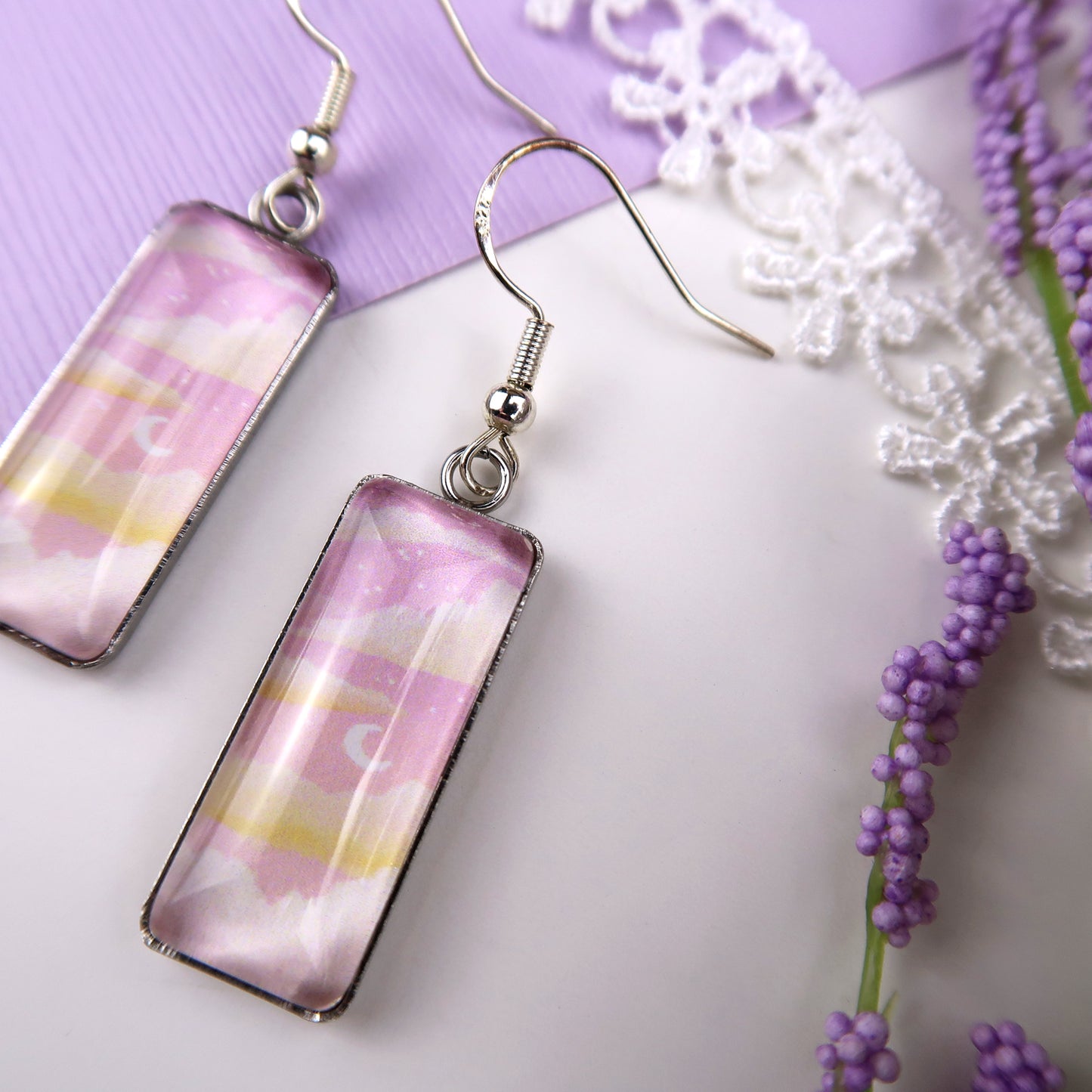 Dreamy Pink Sunset Rectangle Dangle Earrings