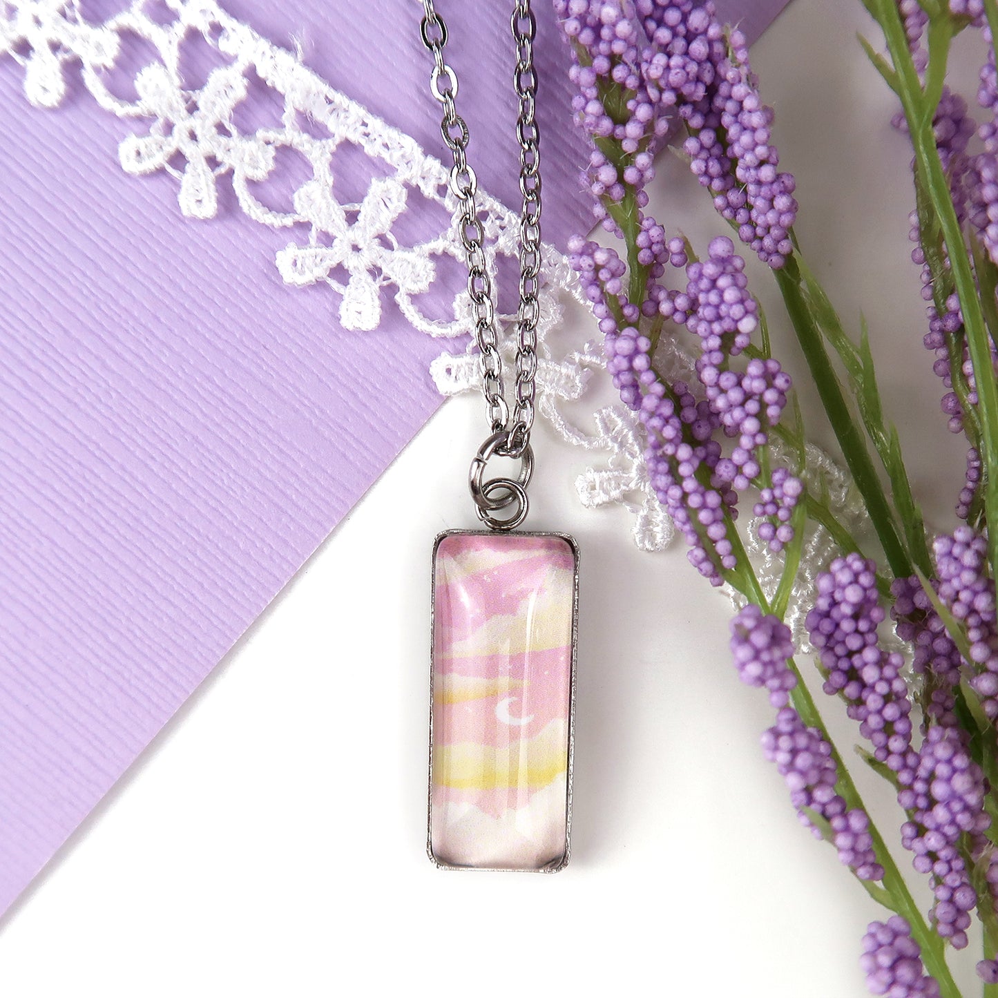 Dreamy Pink Sunset Miniature Watercolor Sky Necklace