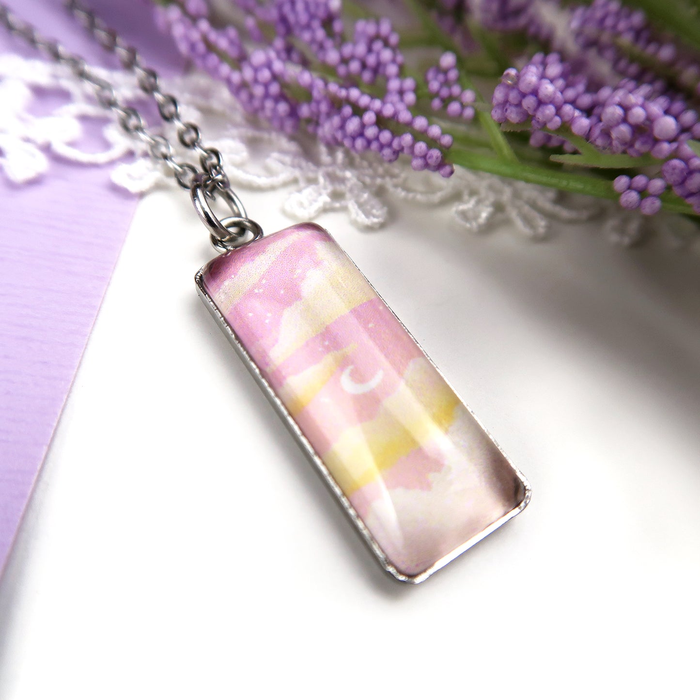 Dreamy Pink Sunset Miniature Watercolor Sky Necklace