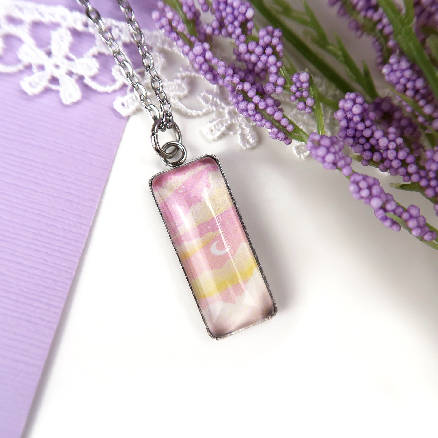 Dreamy Pink Sunset Miniature Watercolor Sky Necklace