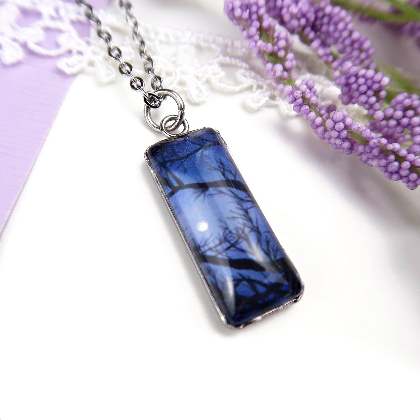 Full Moon Through the Trees Miniature Watercolor Necklace