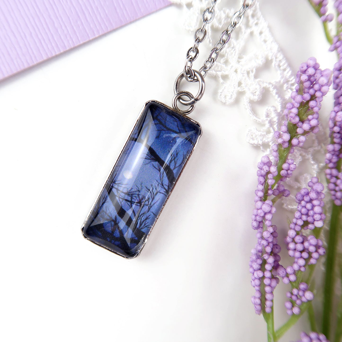 Full Moon Through the Trees Miniature Watercolor Necklace
