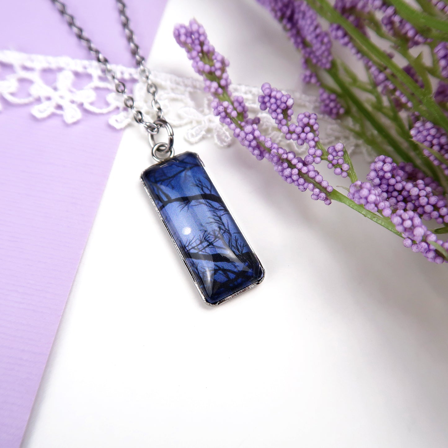 Full Moon Through the Trees Miniature Watercolor Necklace