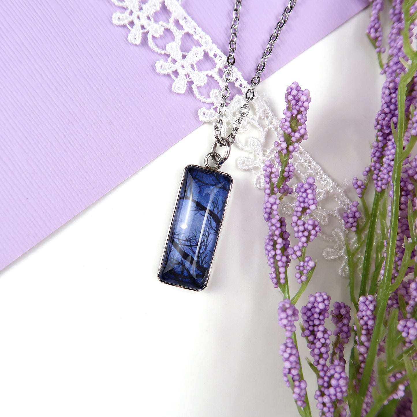 Full Moon Through the Trees Miniature Watercolor Necklace