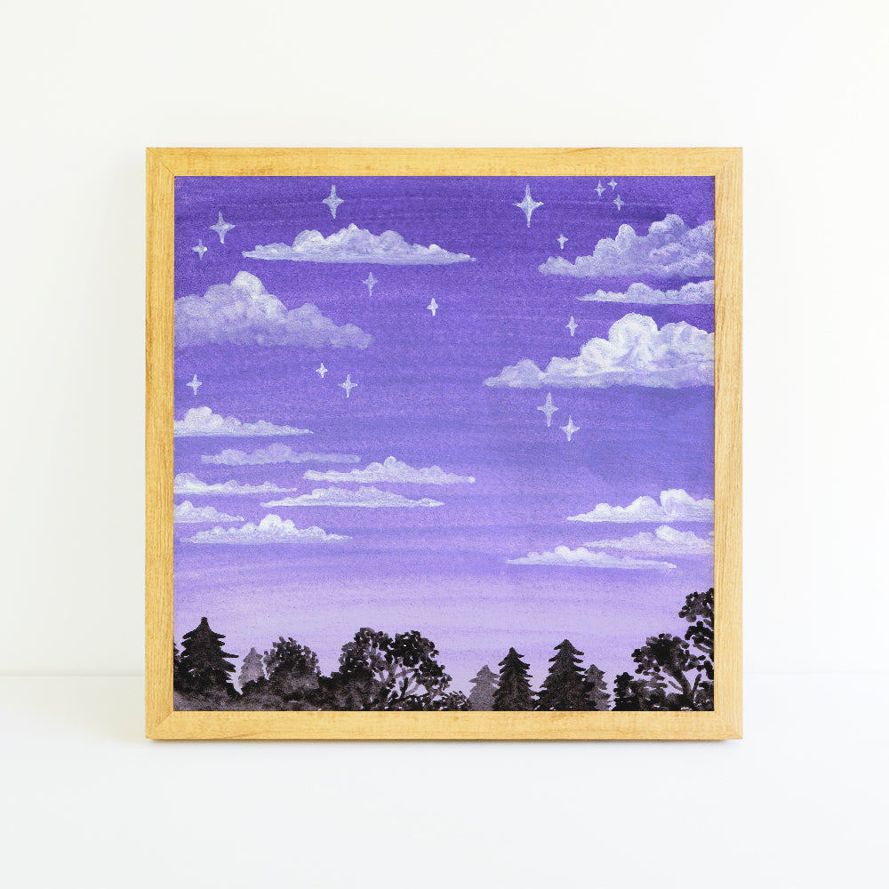 Starry Purple Sunset Sky - Watercolor Art Print