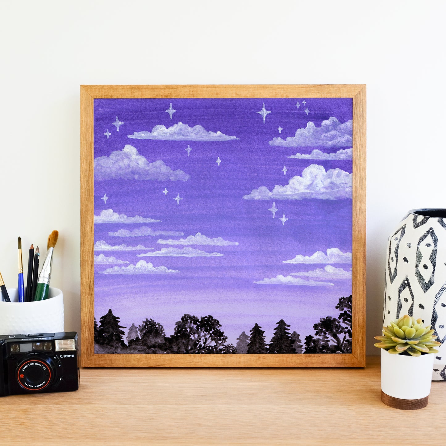 Starry Purple Sunset Sky - Watercolor Art Print