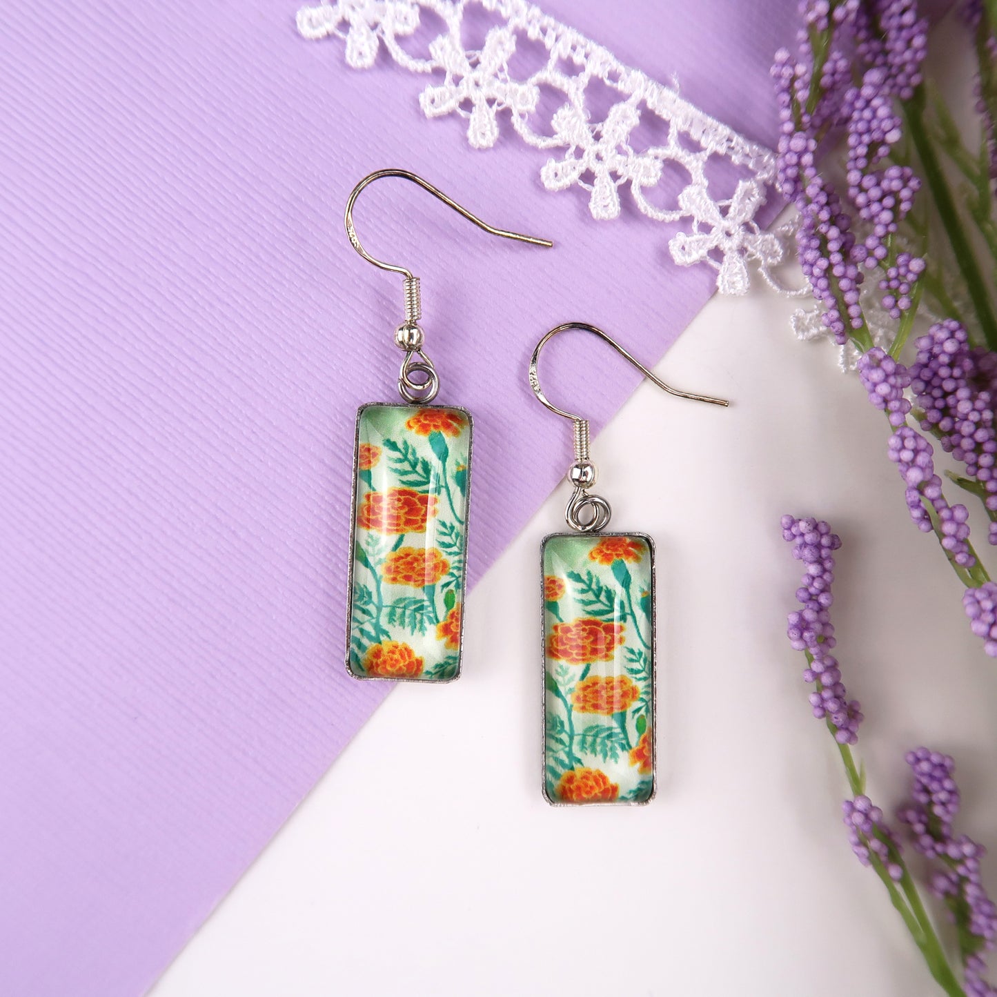 Marigolds Floral Rectangle Dangle Earrings