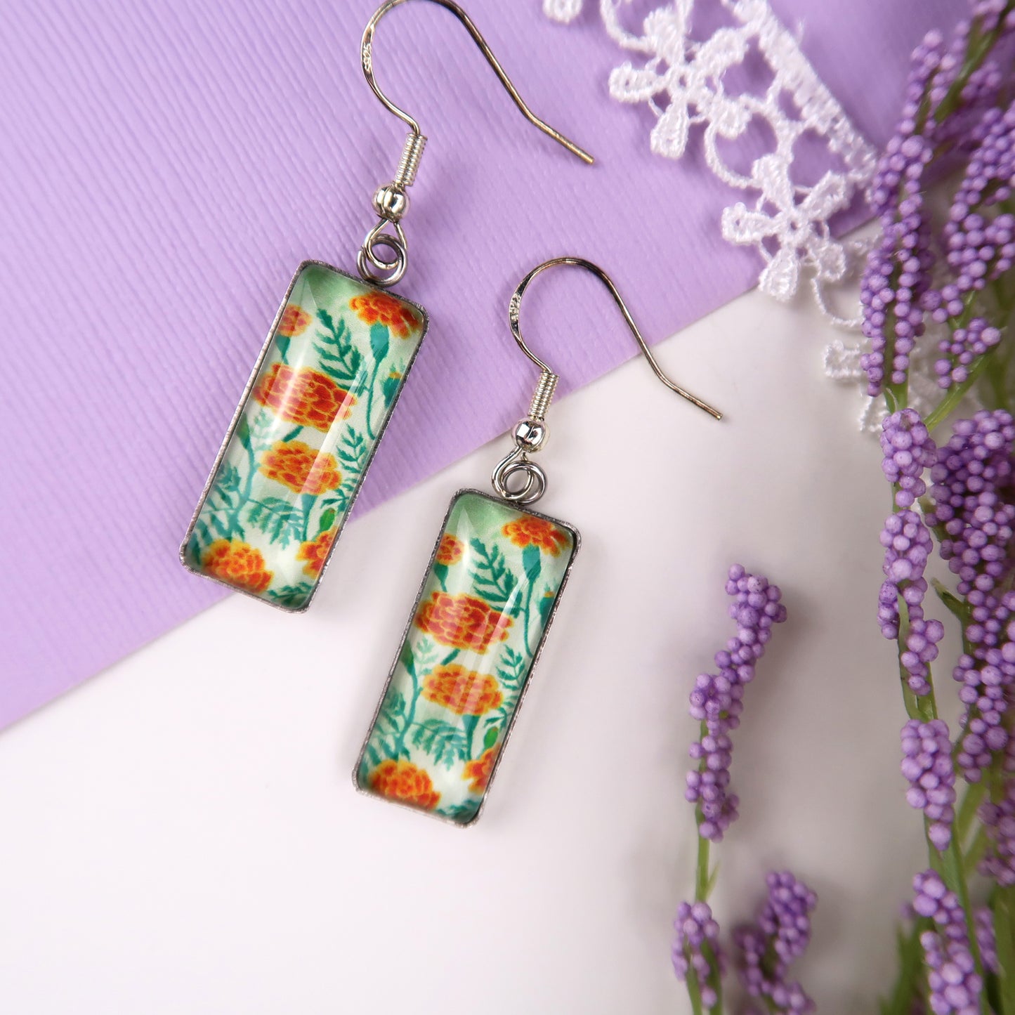 Marigolds Floral Rectangle Dangle Earrings