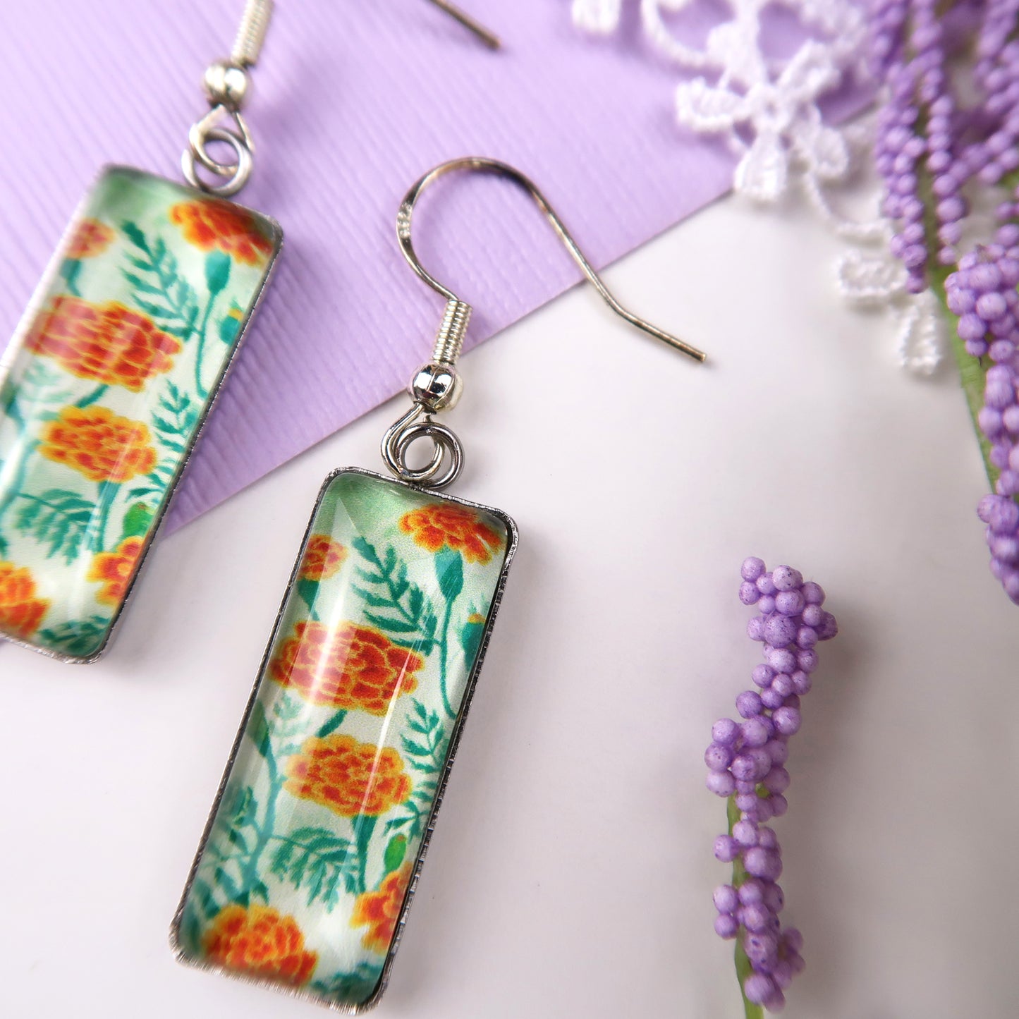 Marigolds Floral Rectangle Dangle Earrings