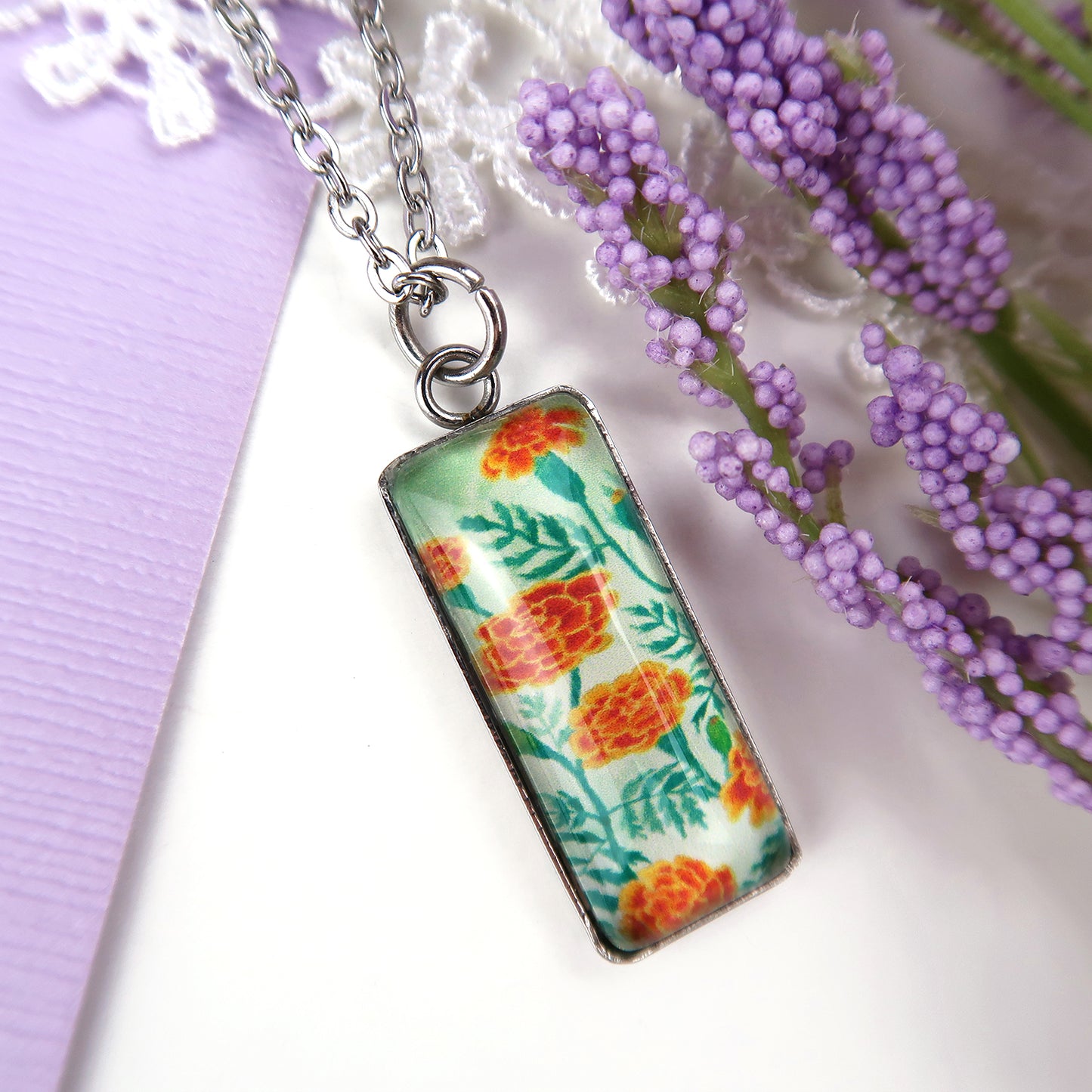 Marigolds Miniature Watercolor Flower Necklace