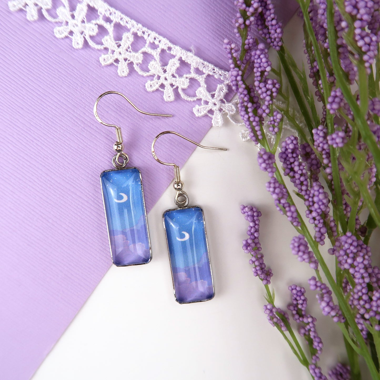 Night Sky with Purple Clouds Rectangle Dangle Earrings