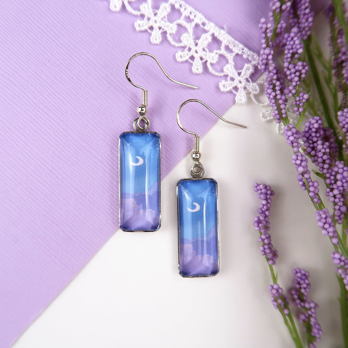 Night Sky with Purple Clouds Rectangle Dangle Earrings