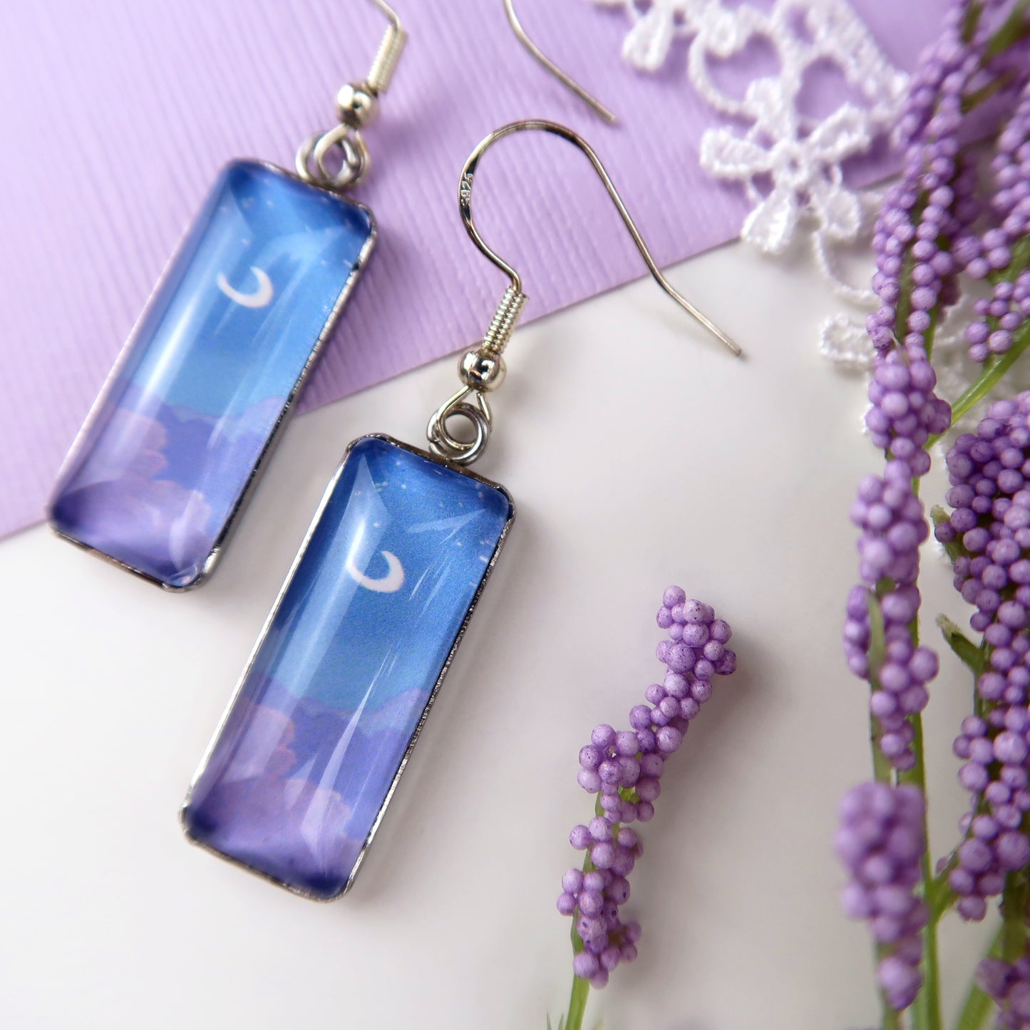 Night Sky with Purple Clouds Rectangle Dangle Earrings