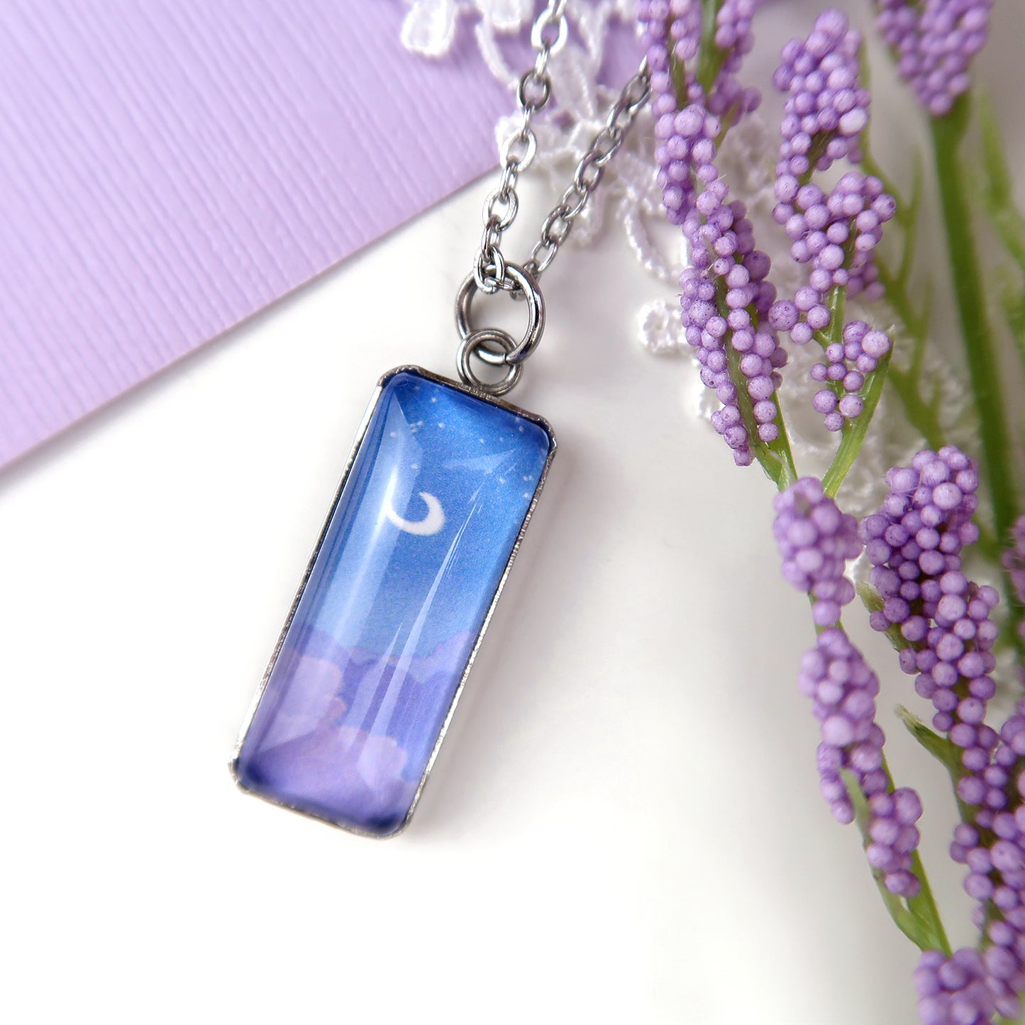 Night Sky With Purple Clouds Miniature Watercolor Necklace