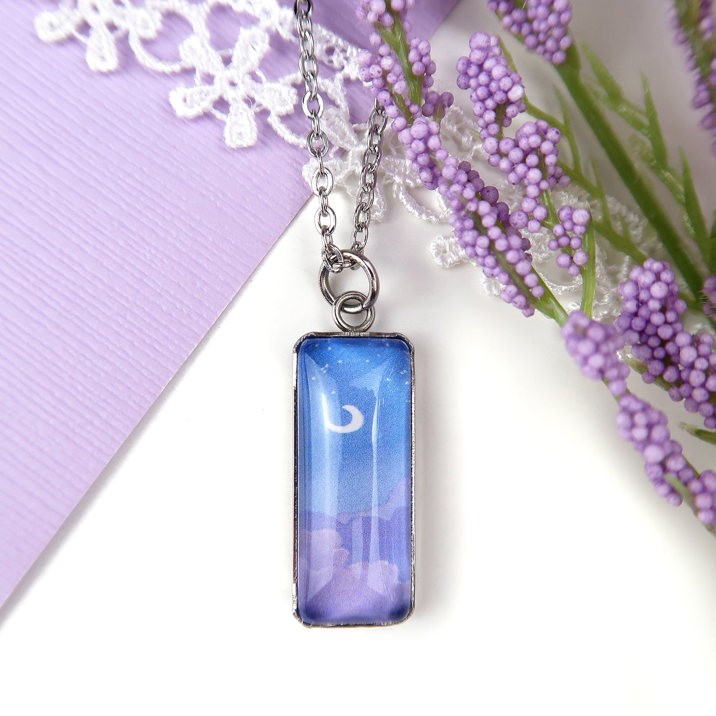 Night Sky With Purple Clouds Miniature Watercolor Necklace