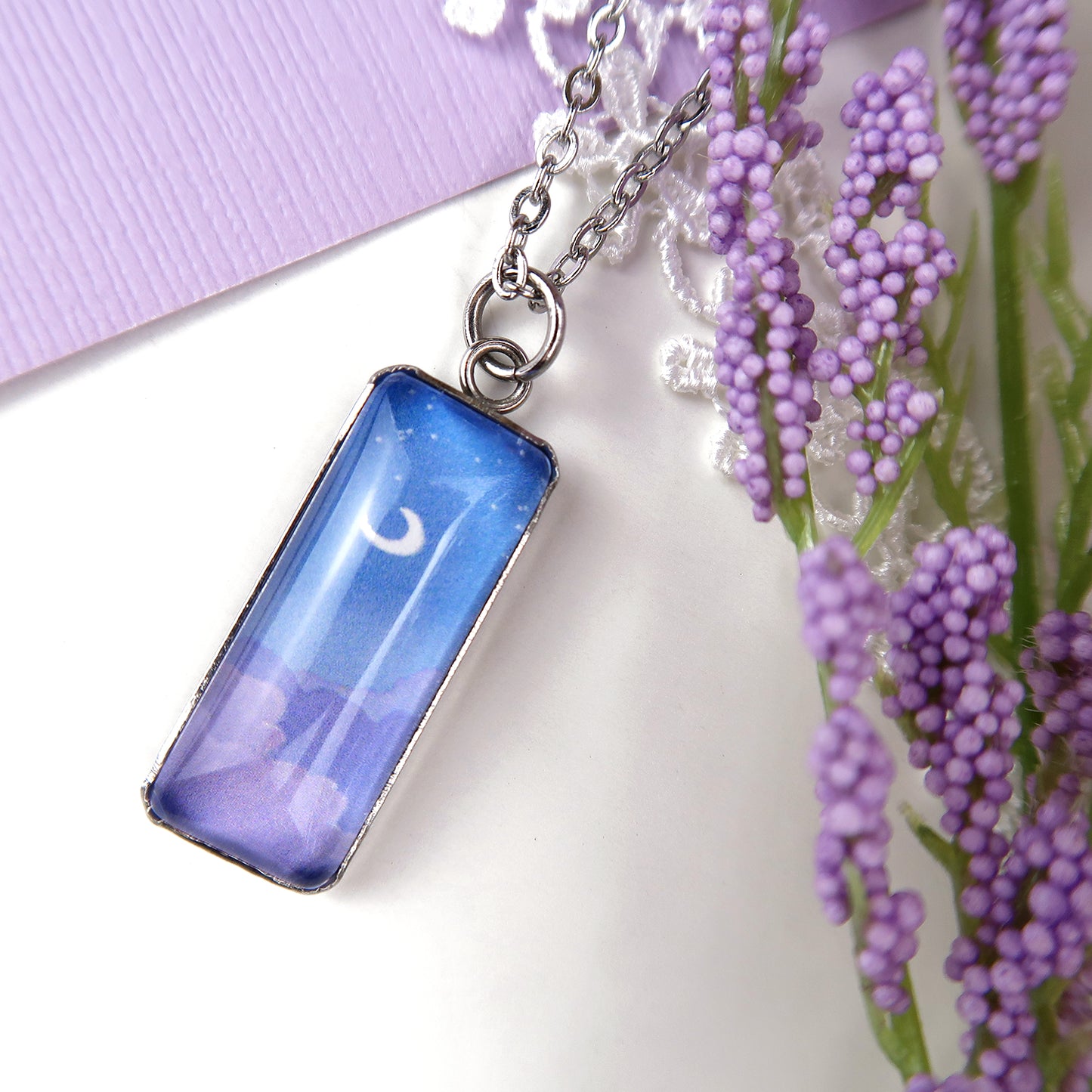 Night Sky With Purple Clouds Miniature Watercolor Necklace