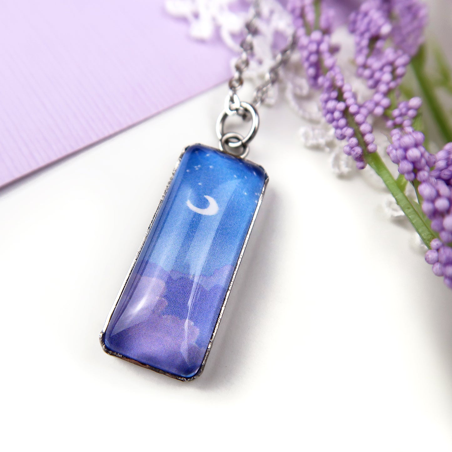 Night Sky With Purple Clouds Miniature Watercolor Necklace