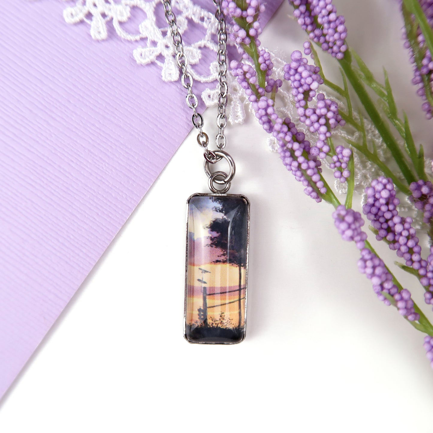 Orange Sunset Sky Miniature Watercolor Necklace