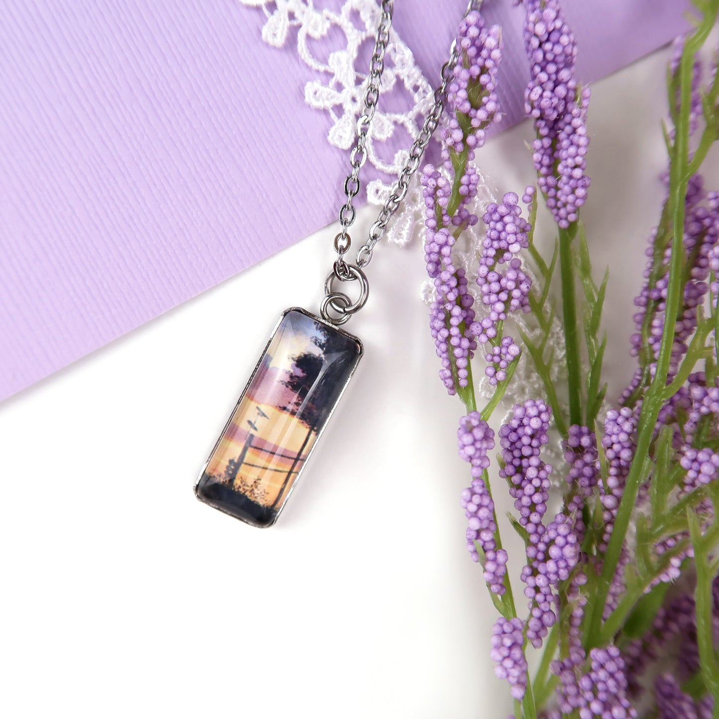 Orange Sunset Sky Miniature Watercolor Necklace